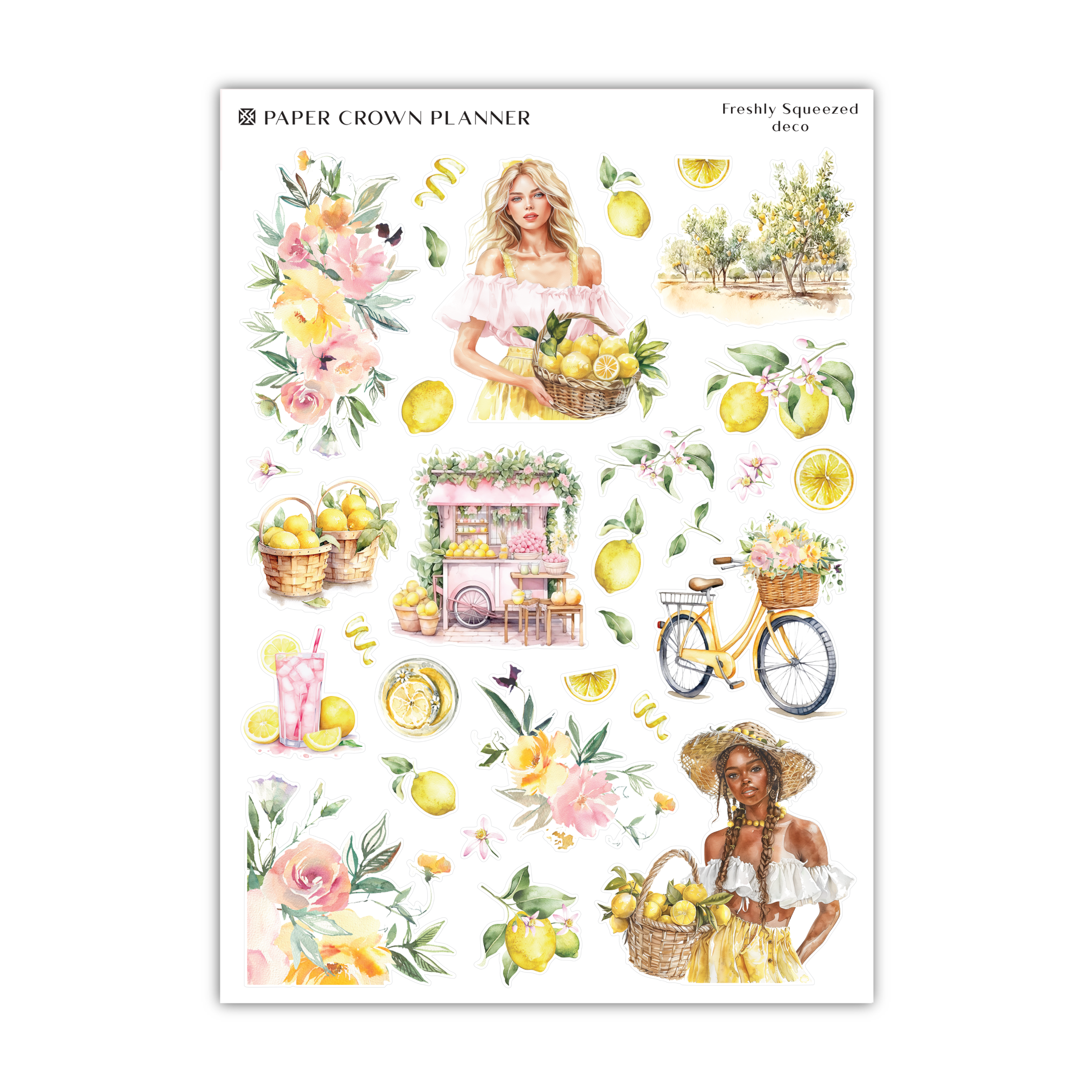 a sticker sheet with a picture of a woman holding a basket of fruit