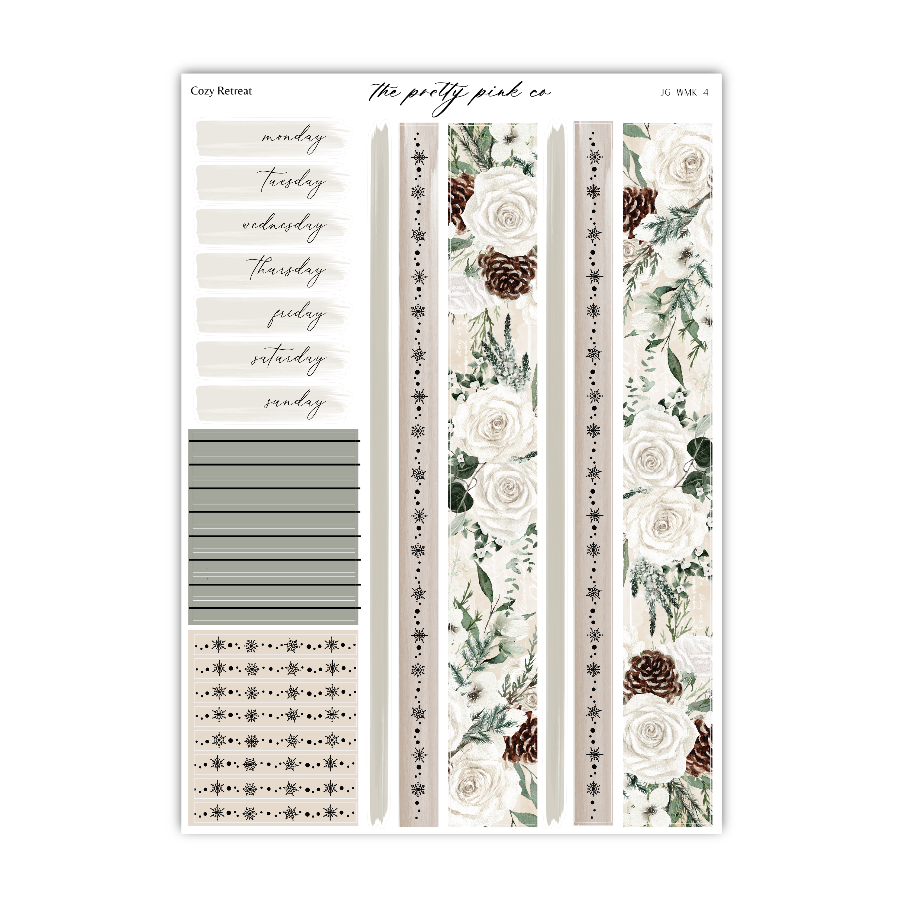 a sticker sheet with white flowers and pine cones