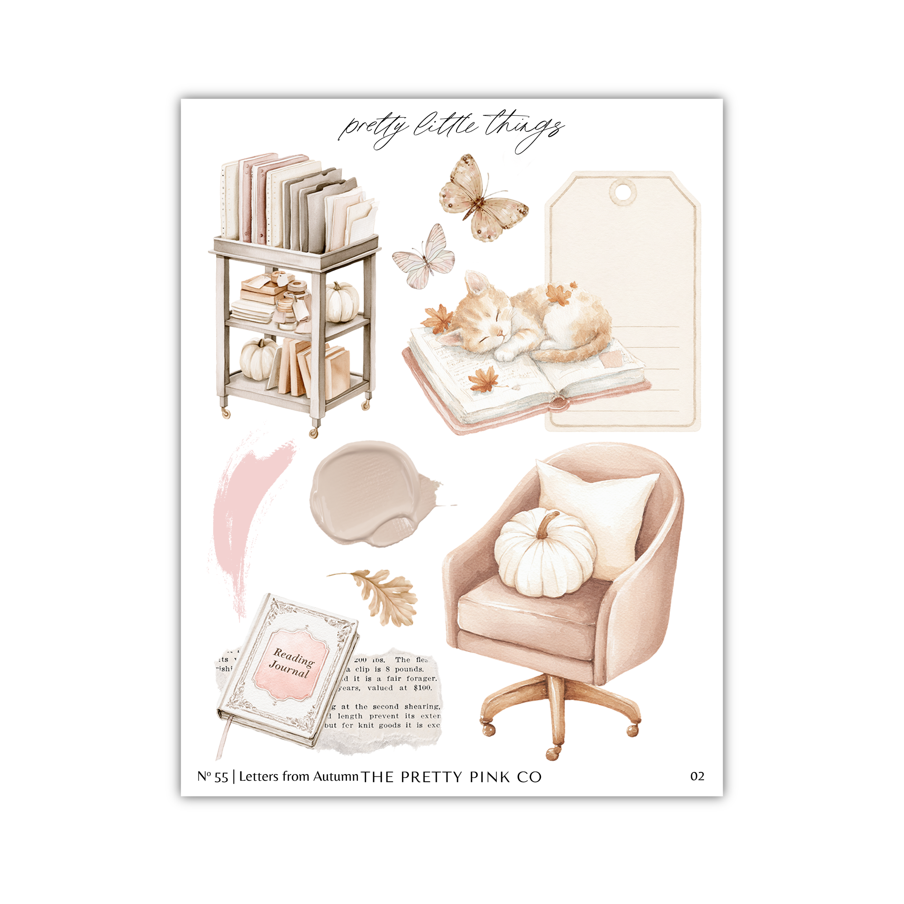 The image is a collage of various objects and scenes related to the theme of "Pretty little things". It includes a bookshelf, a cat sleeping, a chair, a pumpkin, and a book. The collage is titled "Pretty little things" and features a tag that reads "Autumn the Pretty Pink Co".