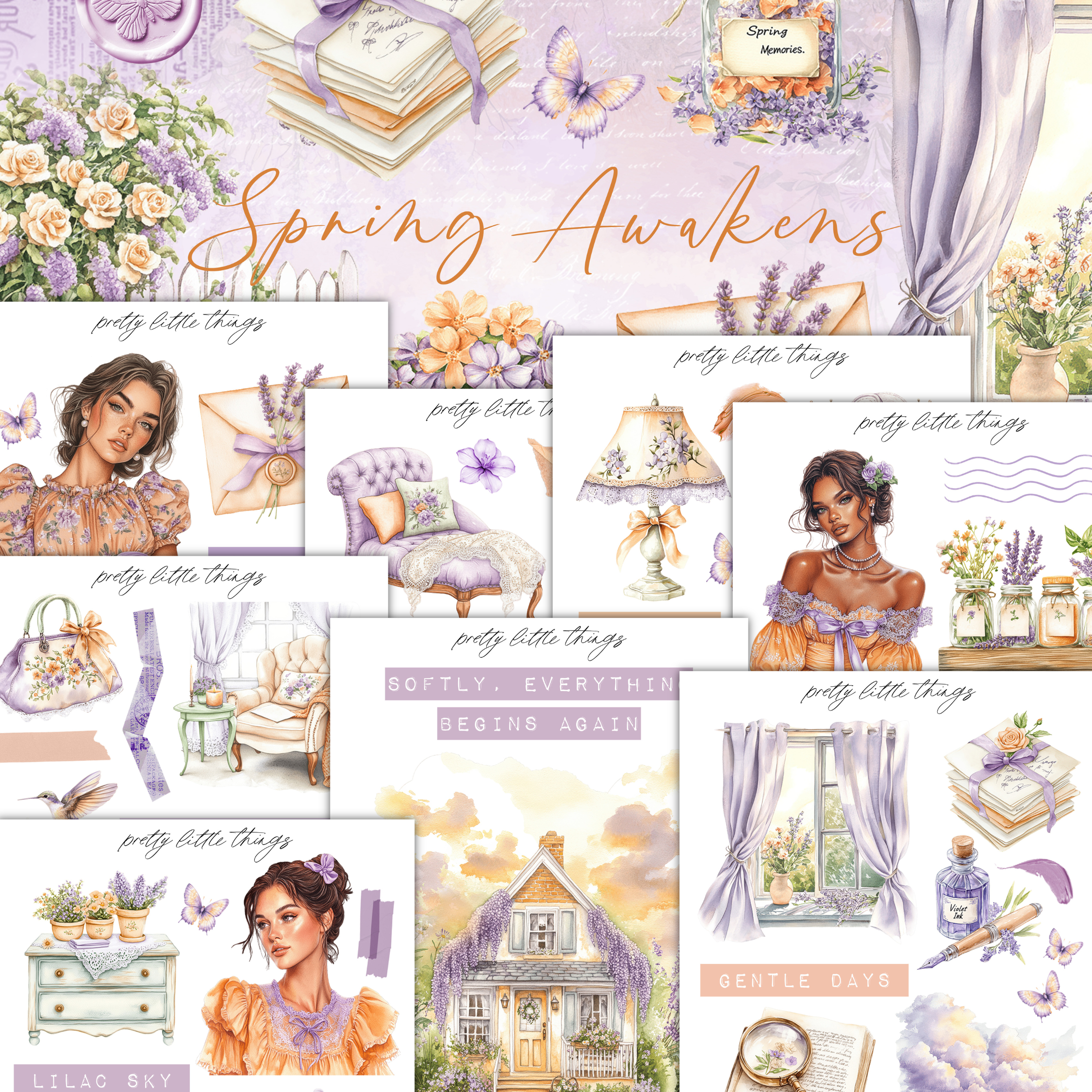The image is a collage of various illustrations and scenes related to springtime, featuring elements such as flowers, butterflies, and people.