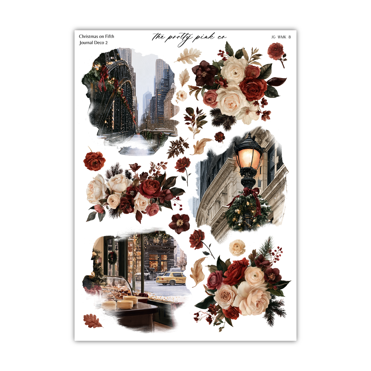 The image is a collage of various Christmas-themed images, including a cityscape, a street lamp, and floral arrangements.