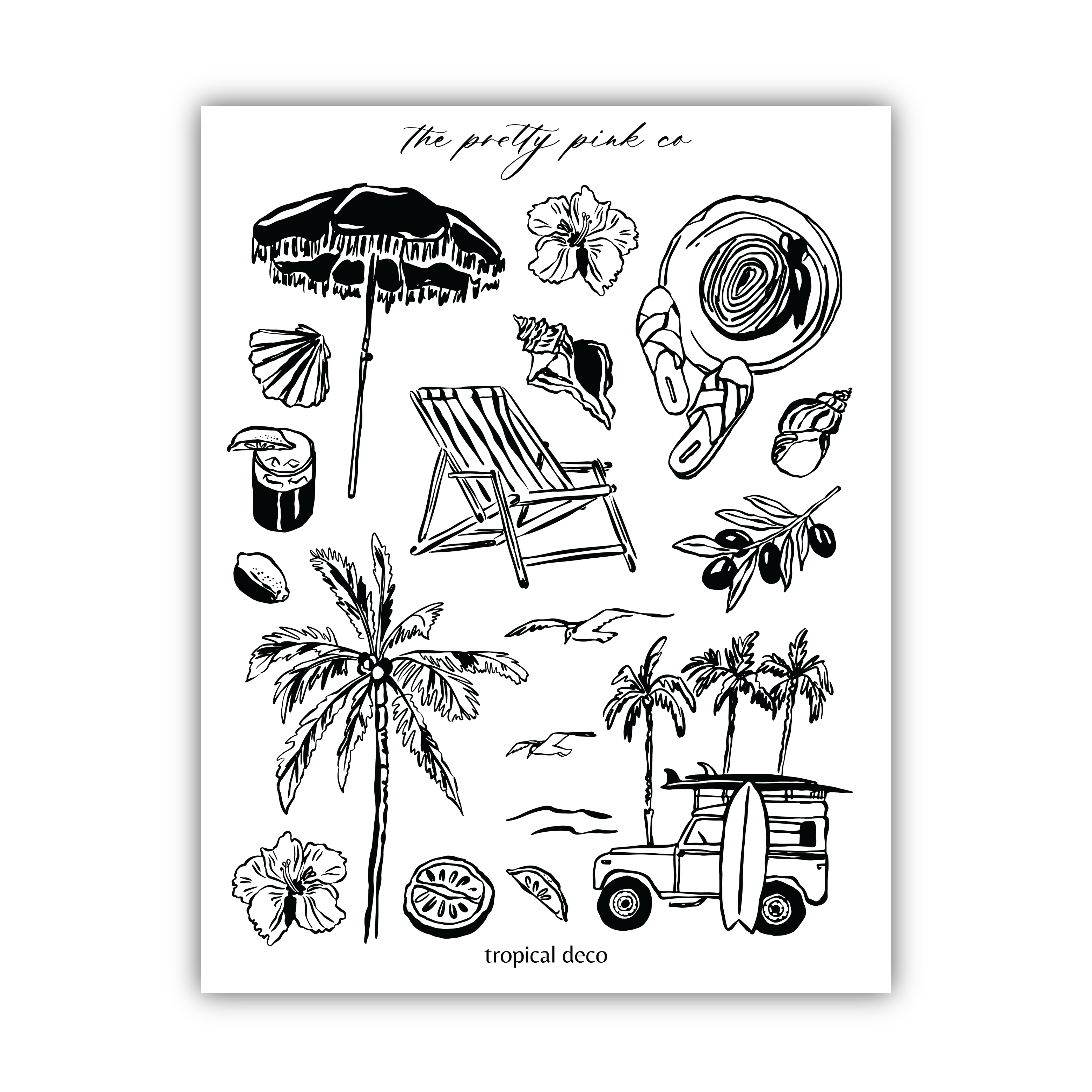 various tropical-themed illustrations, including a beach umbrella, a lounge chair, a surfboard, palm trees, and other beach-related objects.