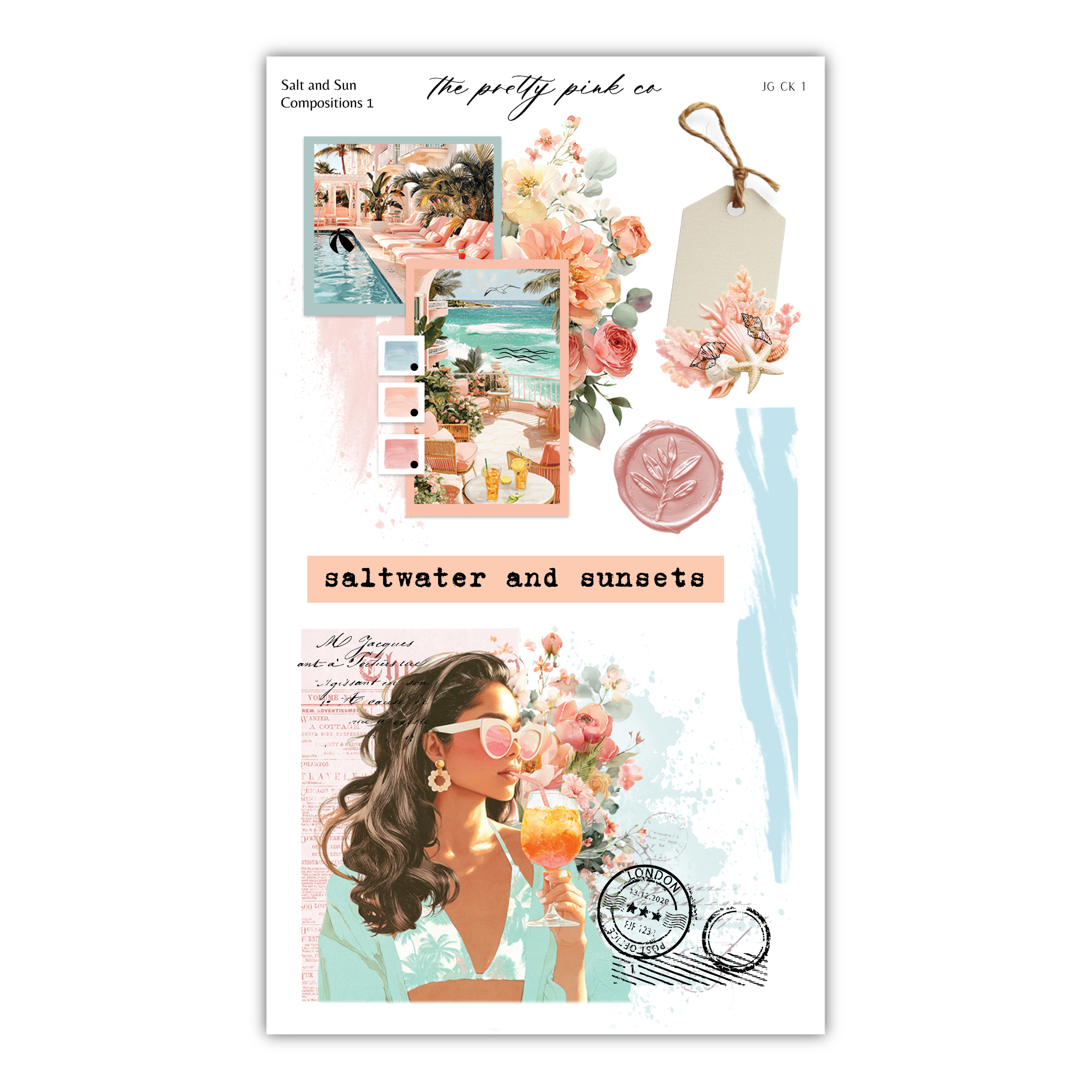 The image is a collage featuring various elements related to the theme of salt and sun, including a woman with sunglasses, flowers, and a sunset.