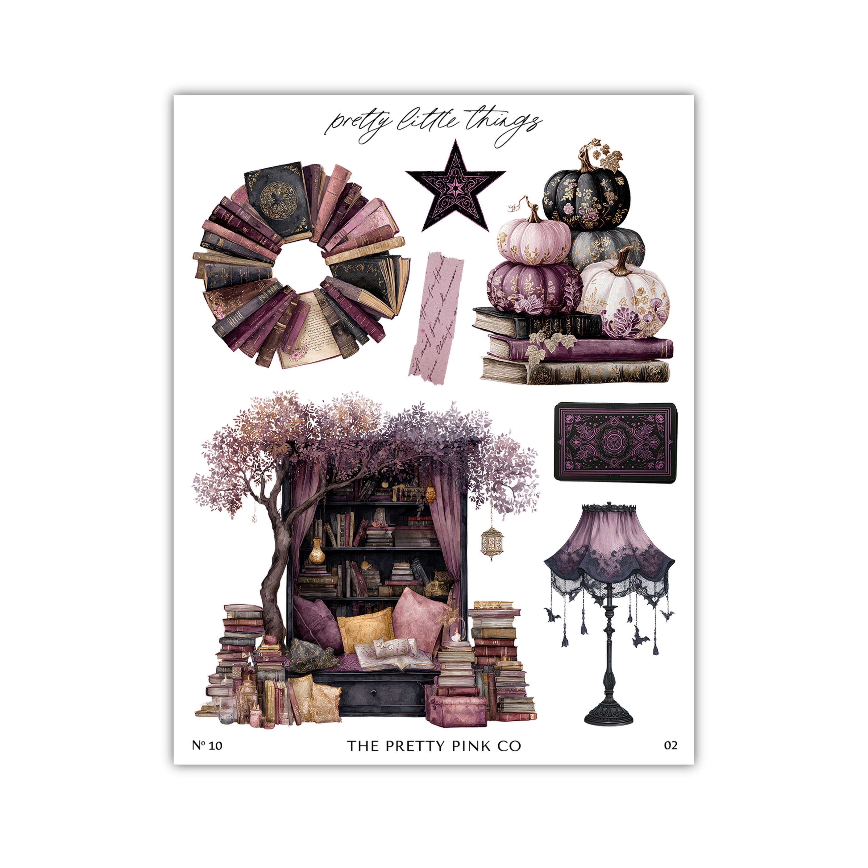 The image is a collage of various decorative items and books, including a tree, a lamp, pumpkins, and bookshelves. The collage is titled "The Pretty Pink Co" and features a star, a lamp, and a tree.