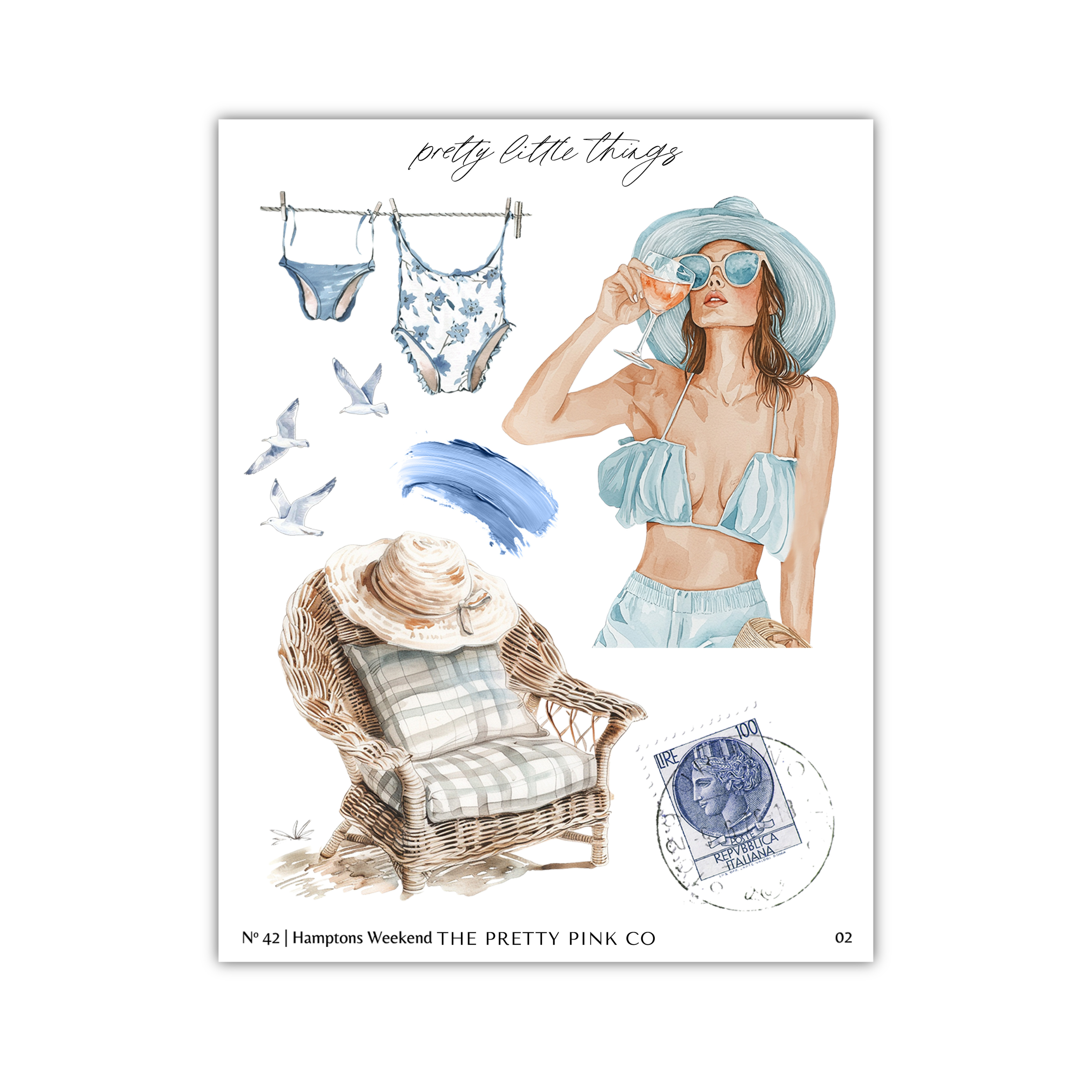 The image is a collage of various illustrations related to summer and beach-related items, including a woman in a blue bikini, a wicker chair, and a postage stamp.