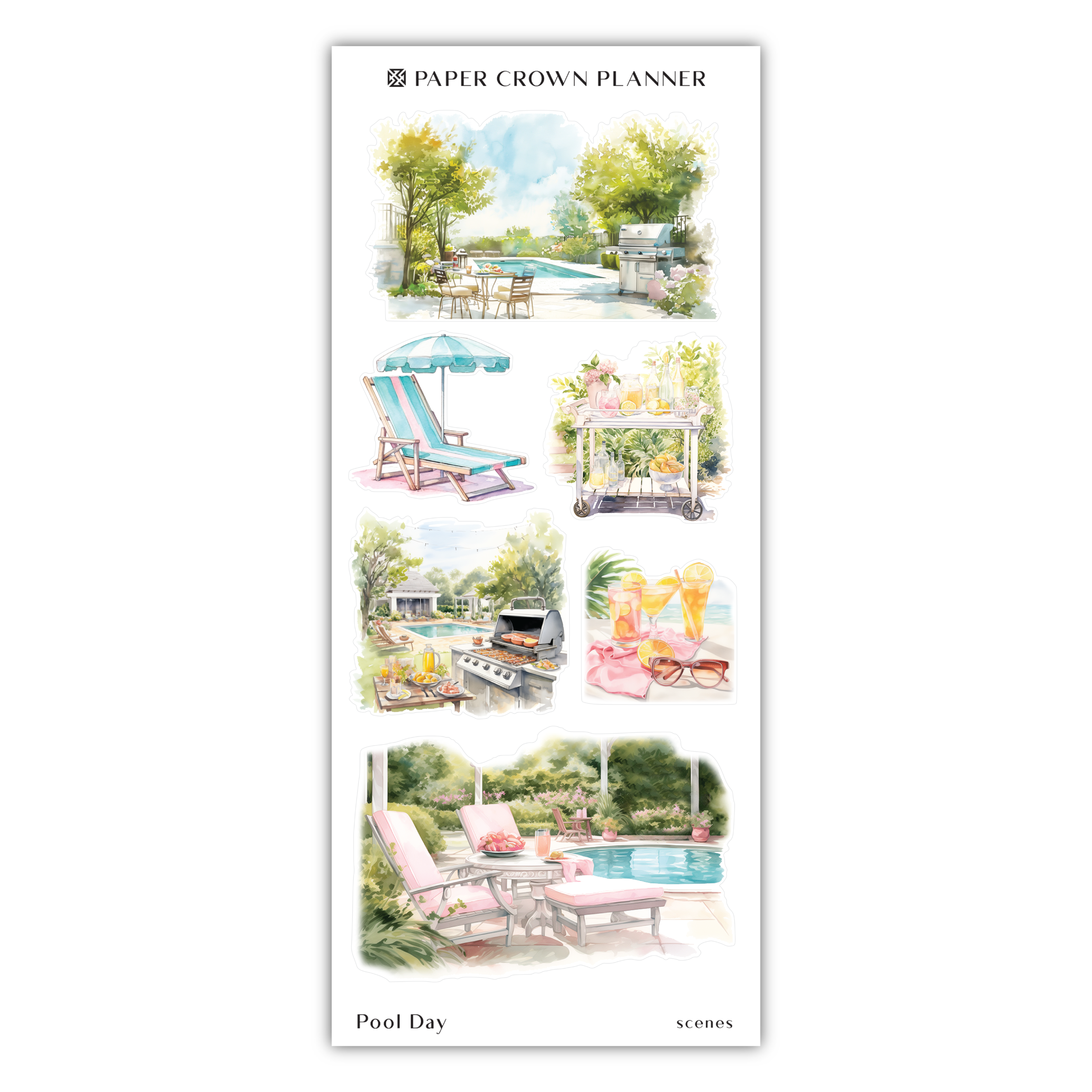 a watercolor painting of lawn chairs and a pool