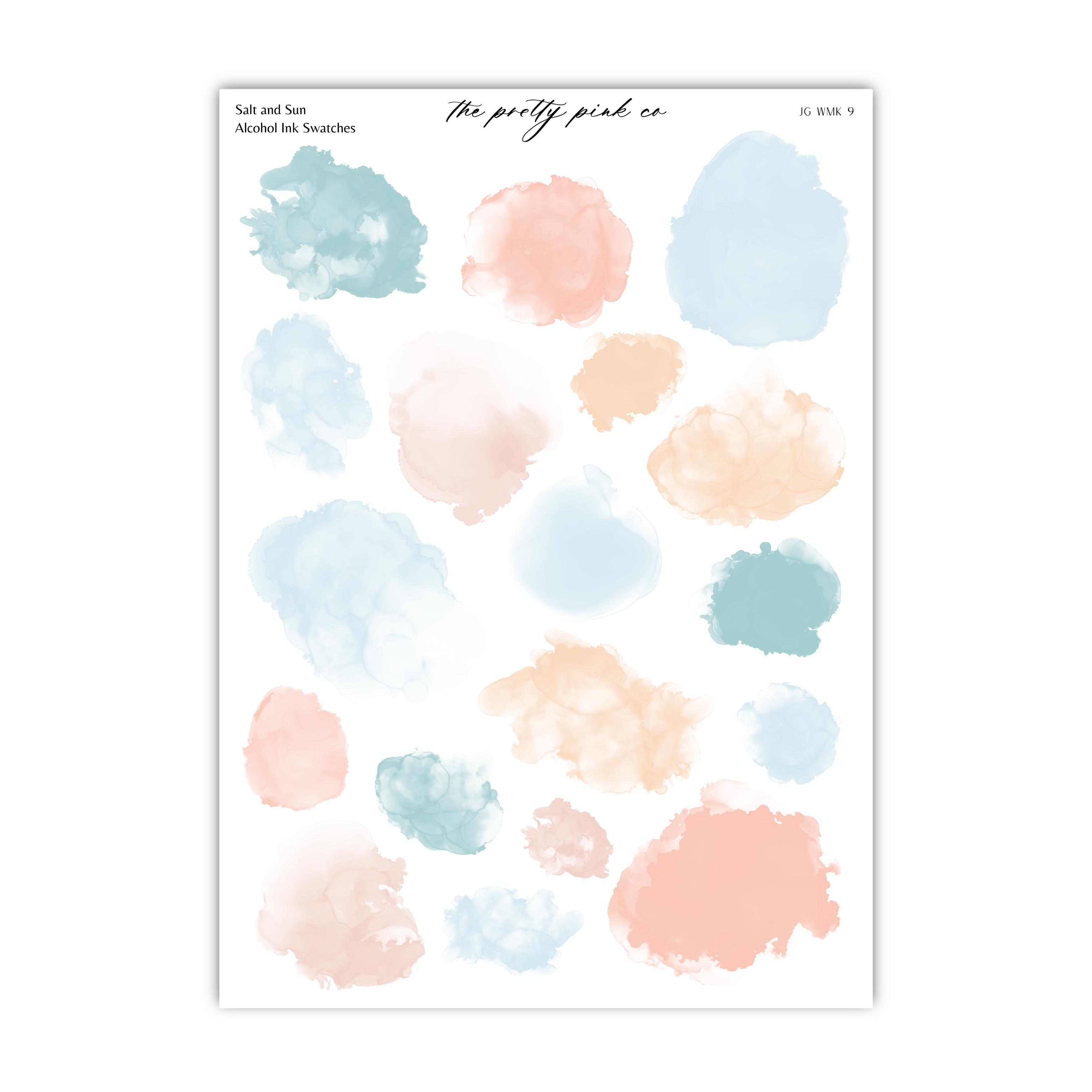 a collection of abstract watercolor-style splatters in various pastel colors, including shades of blue, pink, and orange.