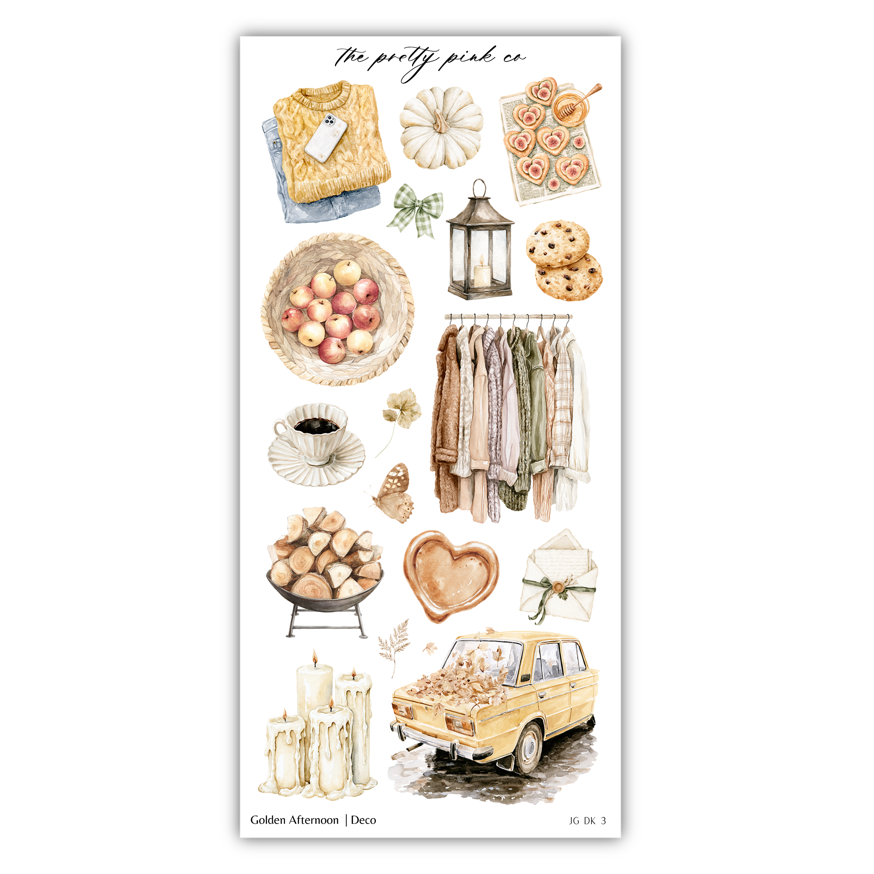 various objects and scenes, including a sweater, a bowl of fruit, a lantern, a cup, a car, and other items, all arranged in a collage-like manner.