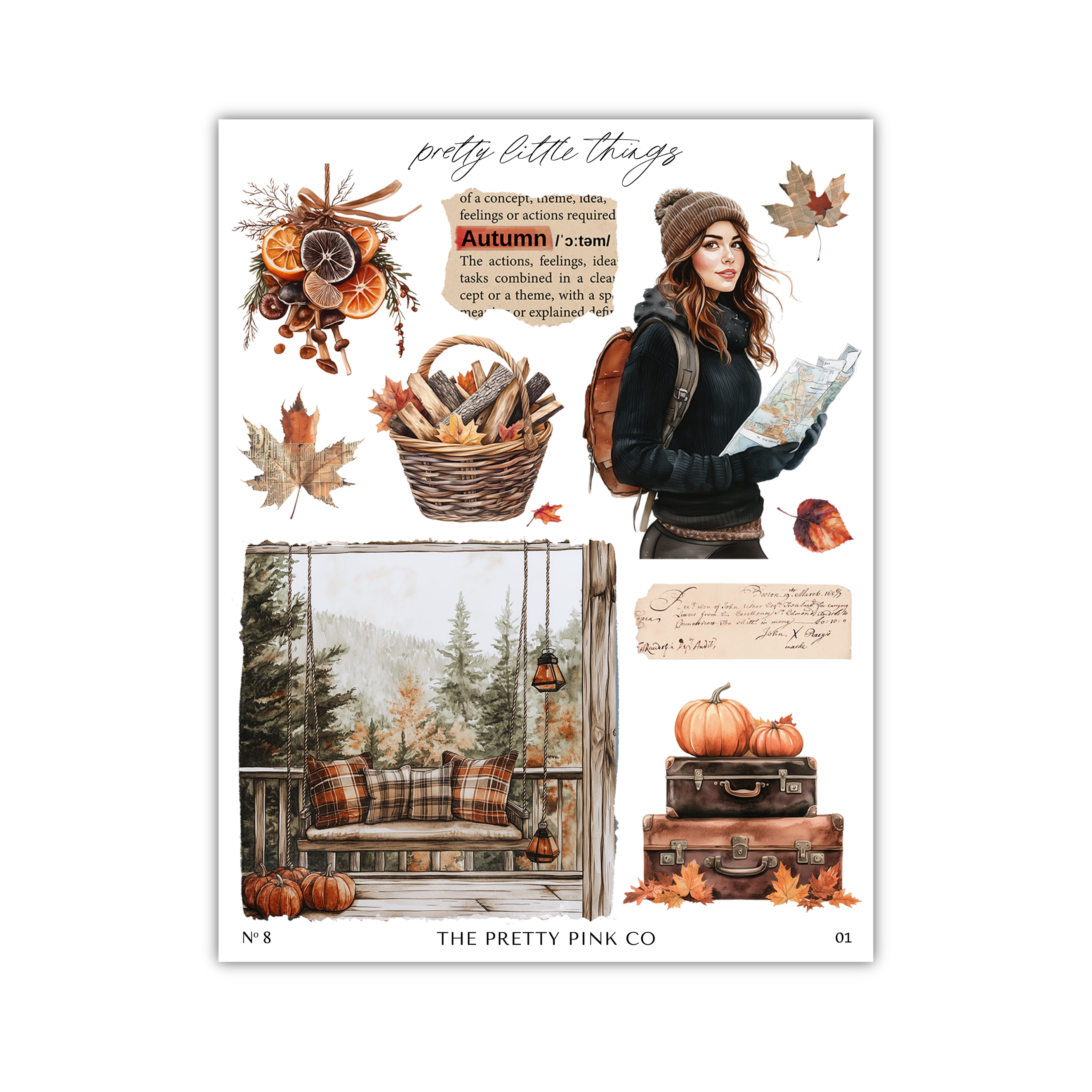 The image is a collage of various autumn-themed elements, including a woman holding a map, a basket of leaves, a pumpkin, a suitcase, a bench, and a swing. The collage is titled "pretty little things" and includes a caption that reads "A concept, theme, idea, or feeling, with a clear action, feeling, idea, or theme."