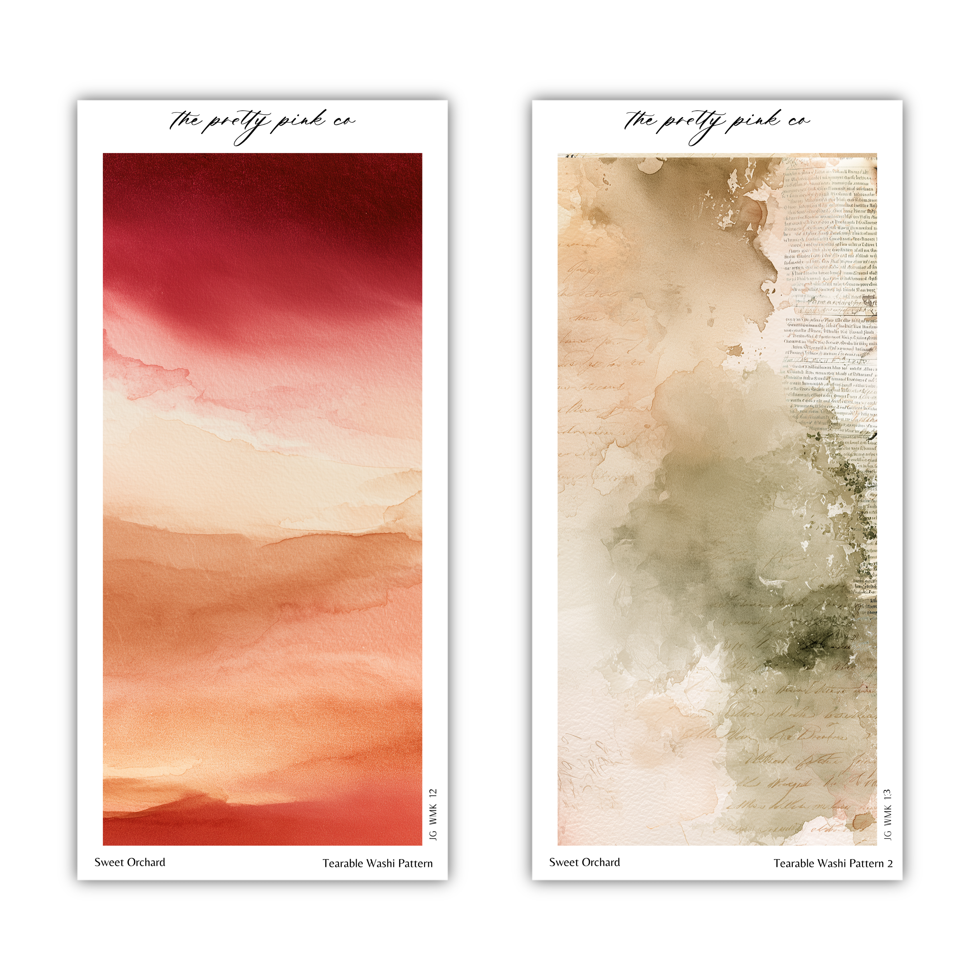 two abstract watercolor paintings with different color schemes and textures. The left painting has a warm, gradient color palette with orange, pink, and red hues, while the right painting has a more muted, textured color palette with shades of green, brown, and beige. The paintings are titled "Sweet Orchard" and "Tearable Wash Pattern 2" respectively, indicating their subject matter and style.