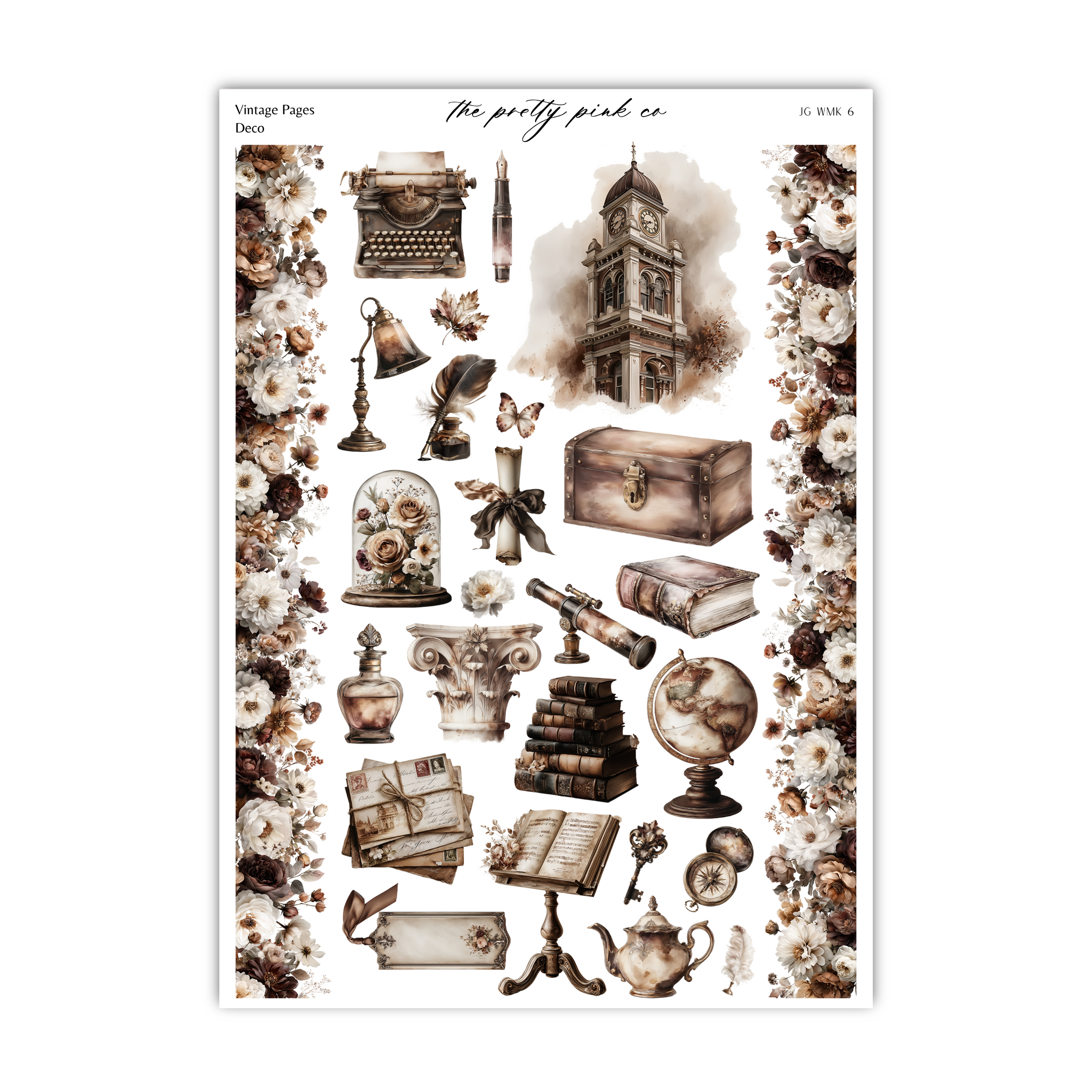 The image is a collage of various vintage-style objects, including a typewriter, a clock tower, a teapot, books, and other antique items, all set against a floral border.