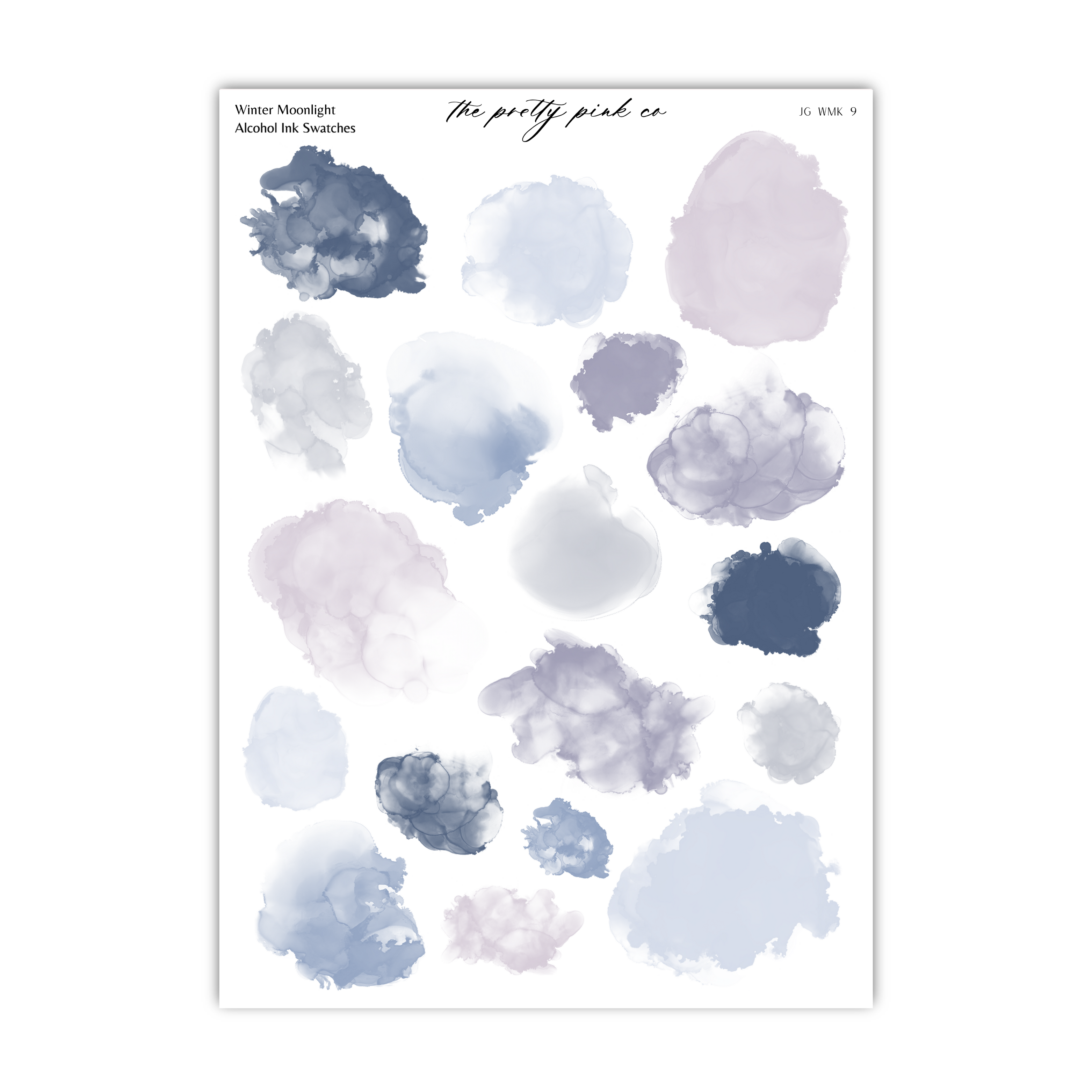 a collection of abstract watercolor brush strokes in various shades of blue, gray, and pink, arranged in a grid-like pattern.