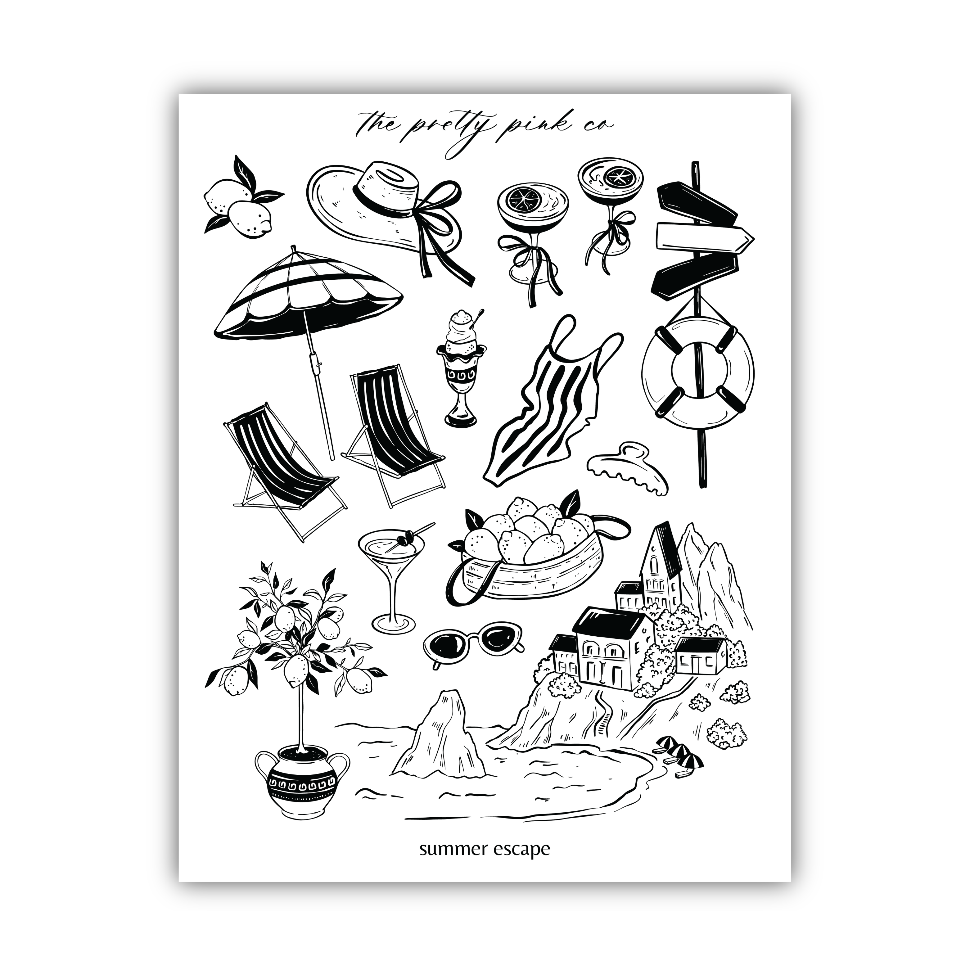 The image is a black and white illustration featuring various summer-themed objects and scenes, including beach chairs, umbrellas, a lighthouse, a castle, a tree, a bowl of fruit, sunglasses, and a cocktail glass.