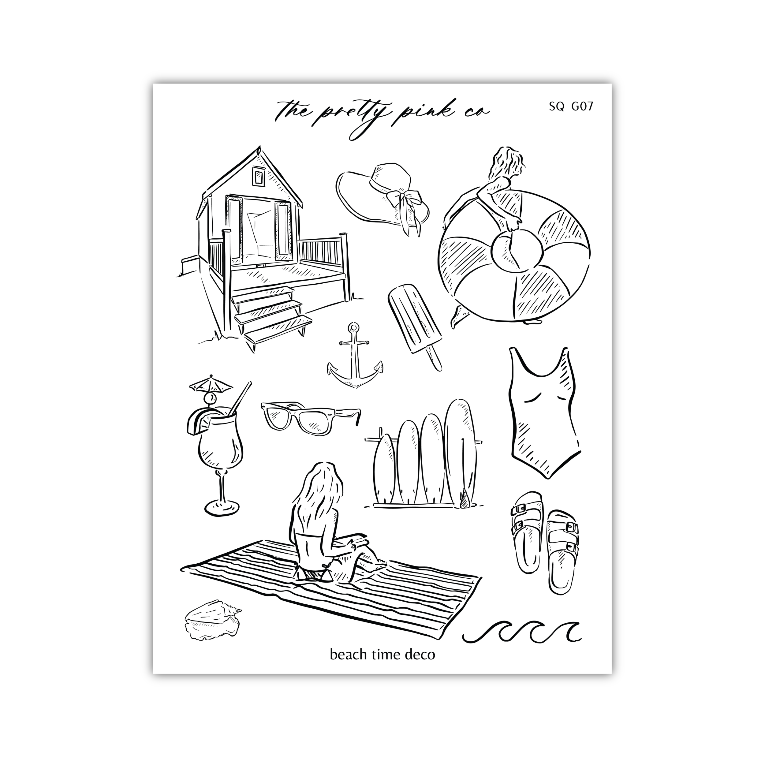 a black and white drawing of a beach scene