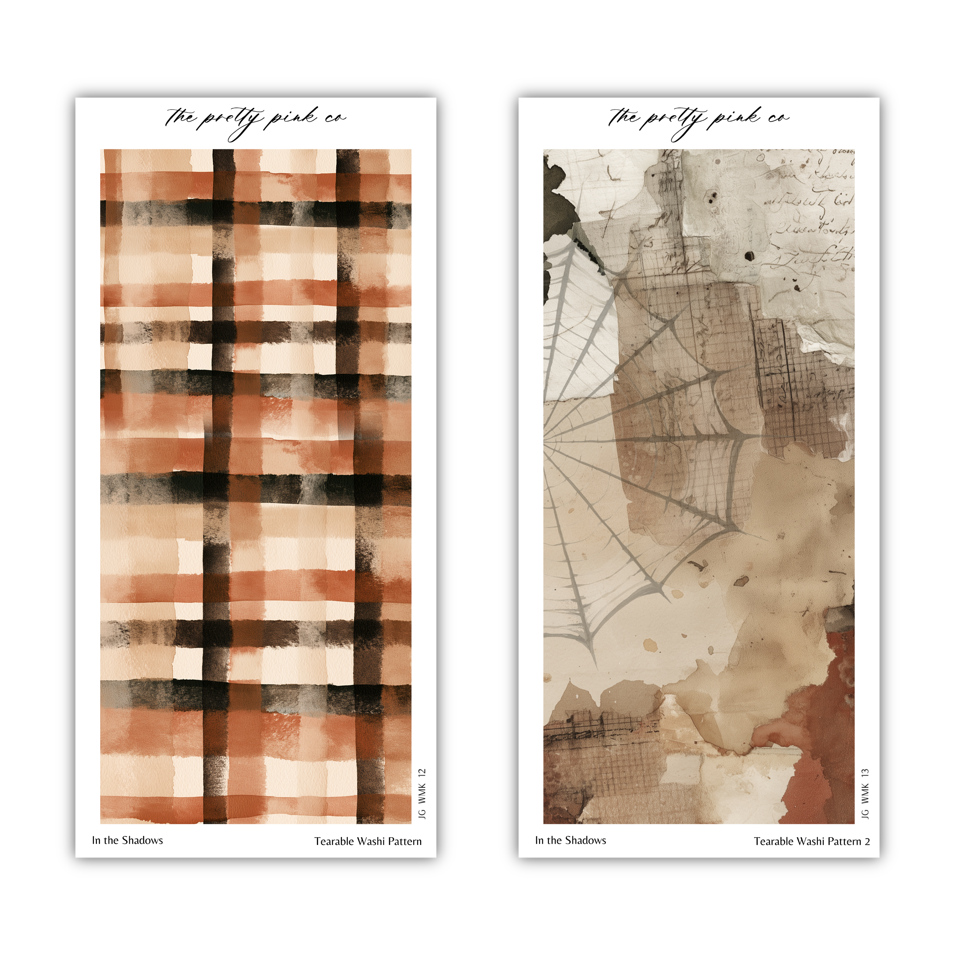 two distinct artworks, each with a unique style and subject matter. The first artwork is a checkered pattern in shades of brown and orange, while the second artwork is a textured, abstract piece with a spider web-like design. The artworks are titled "The pretty pink co" and "In the shadows" respectively, indicating their artistic themes and subject matter.