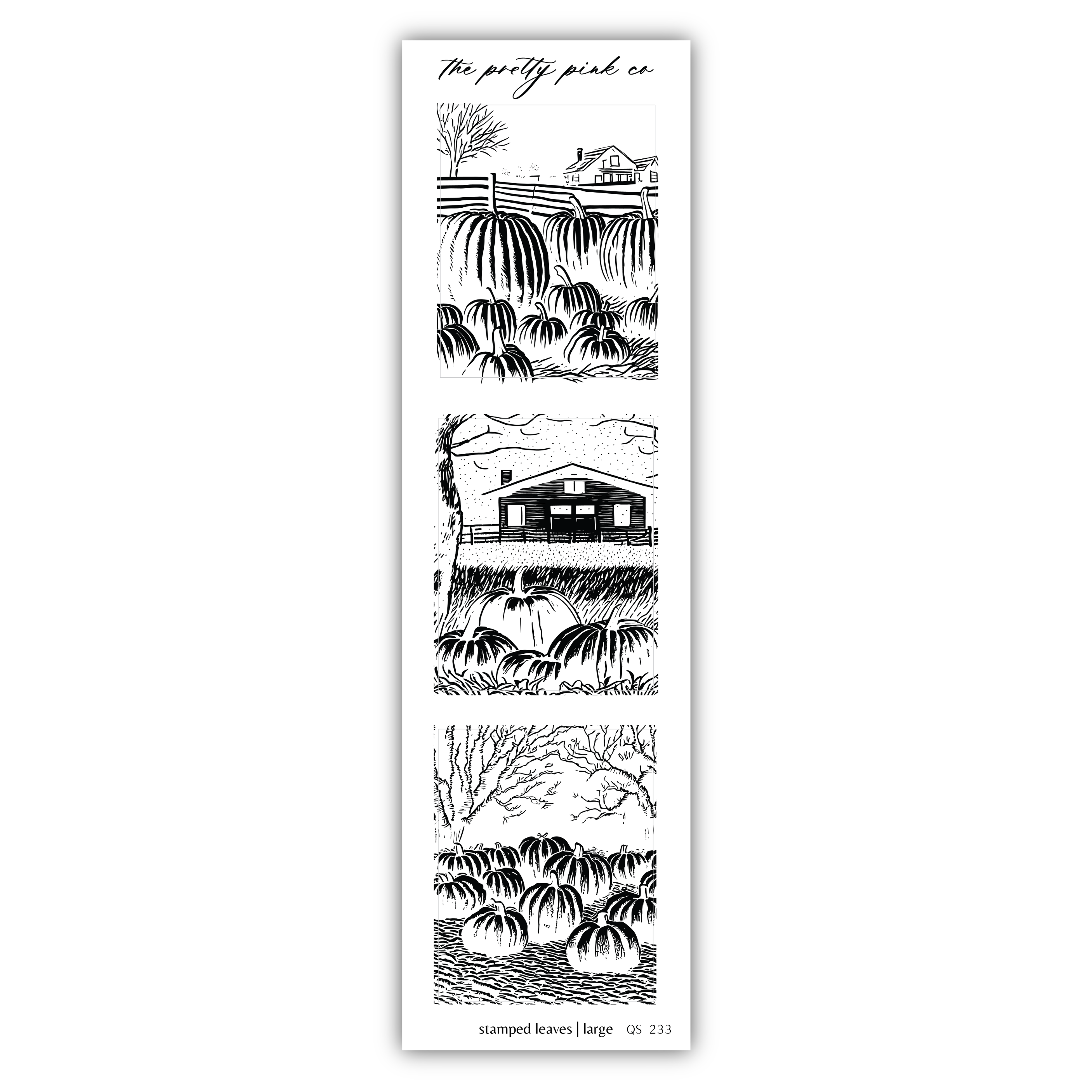 The image is a black and white stamp depicting various scenes, including a house, a field, and a tree.