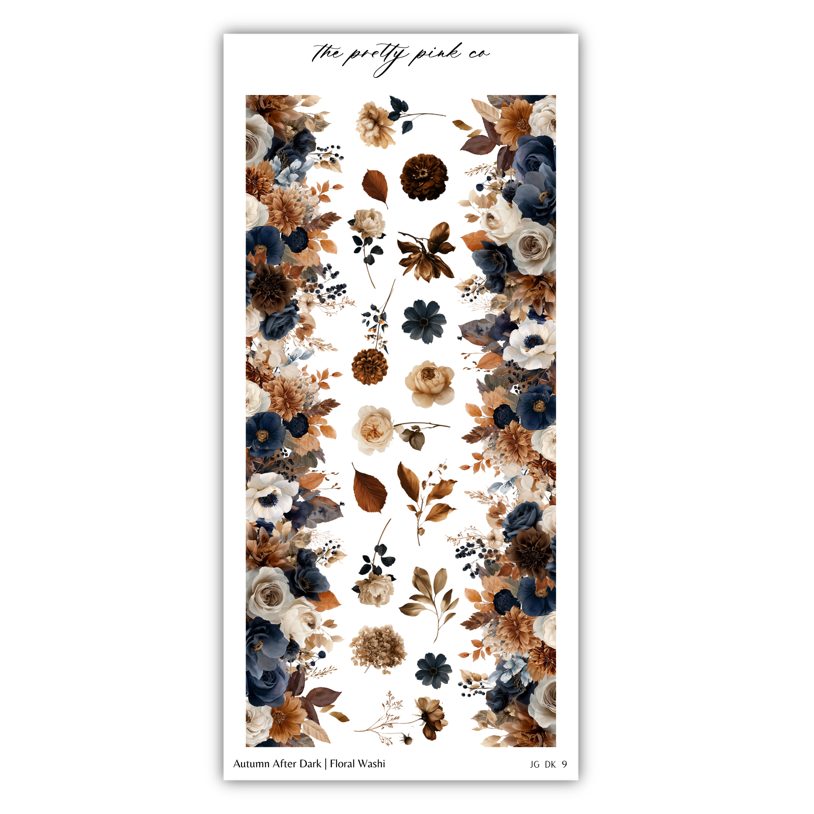 The image is a collage of various floral elements, including flowers, leaves, and branches, arranged in a vertical pattern. The colors used are predominantly brown, white, and black, creating a visually striking and harmonious composition.