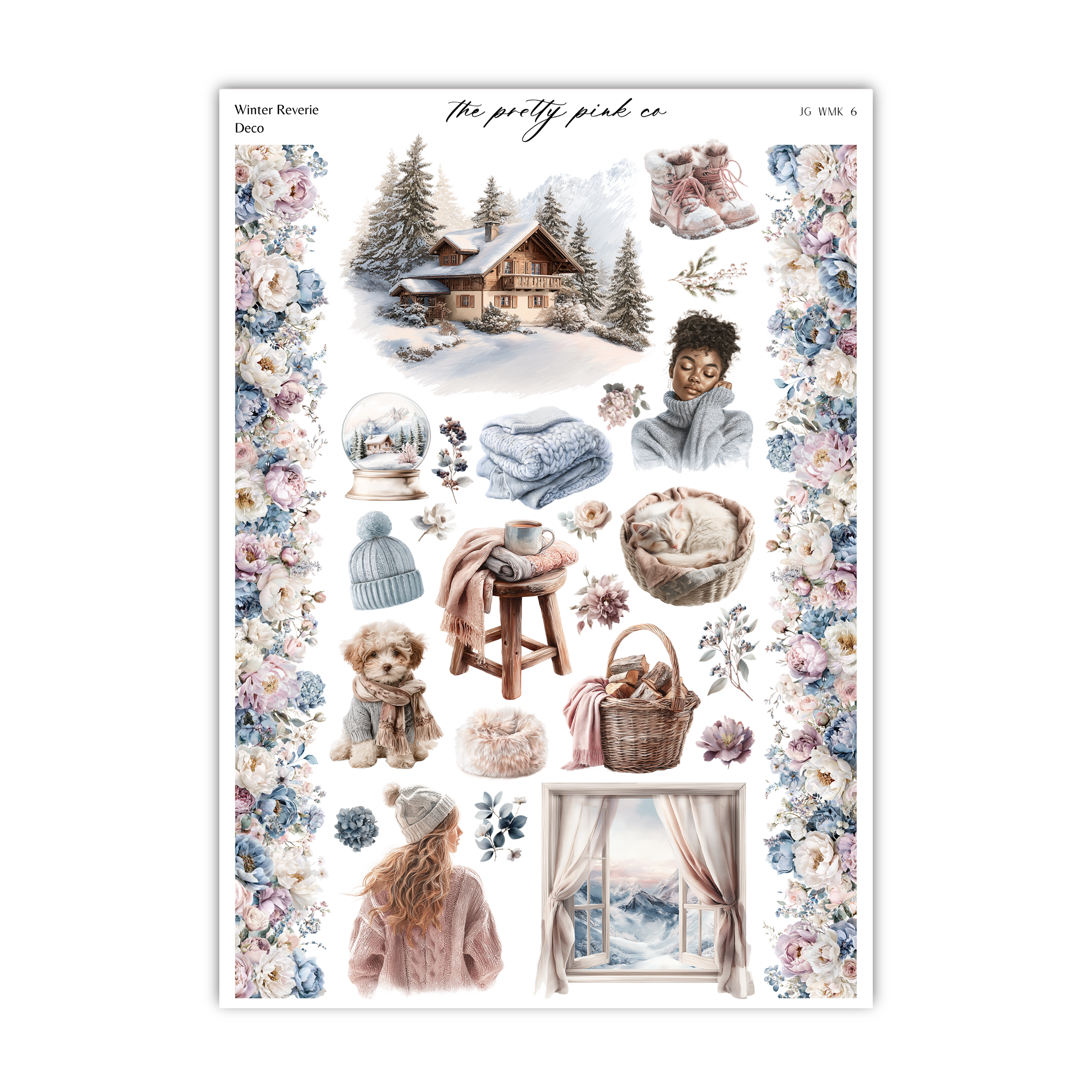 The image is a collage of various winter-themed items and scenes, including a snowy cabin, a person, a dog, a basket, a snow globe, and other winter-related objects.