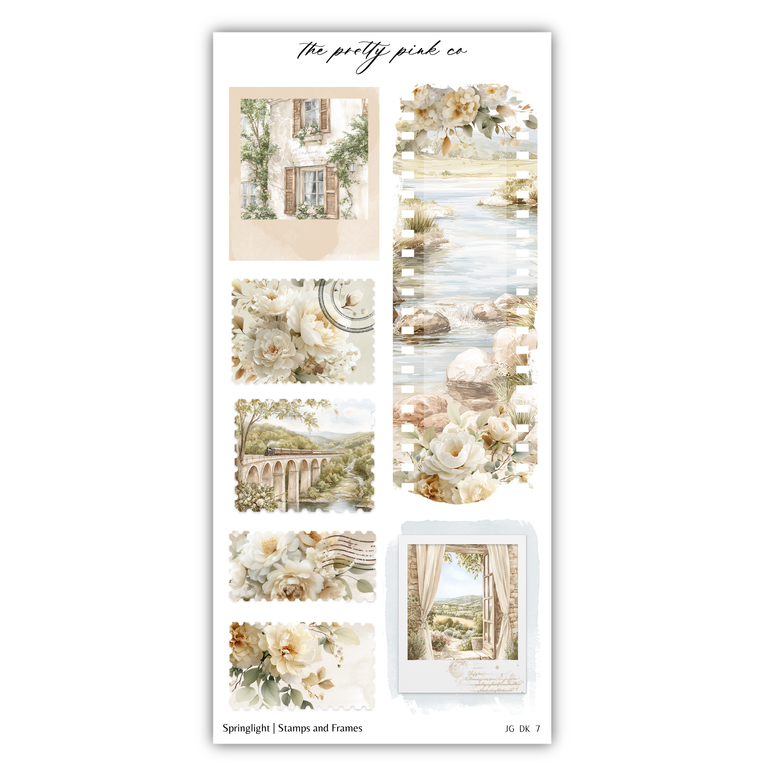 a collage of various floral and architectural images, including a building with a window, a garden scene, and a landscape with a river. The collage is titled "The pretty pink co" and includes images of stamps and frames.
