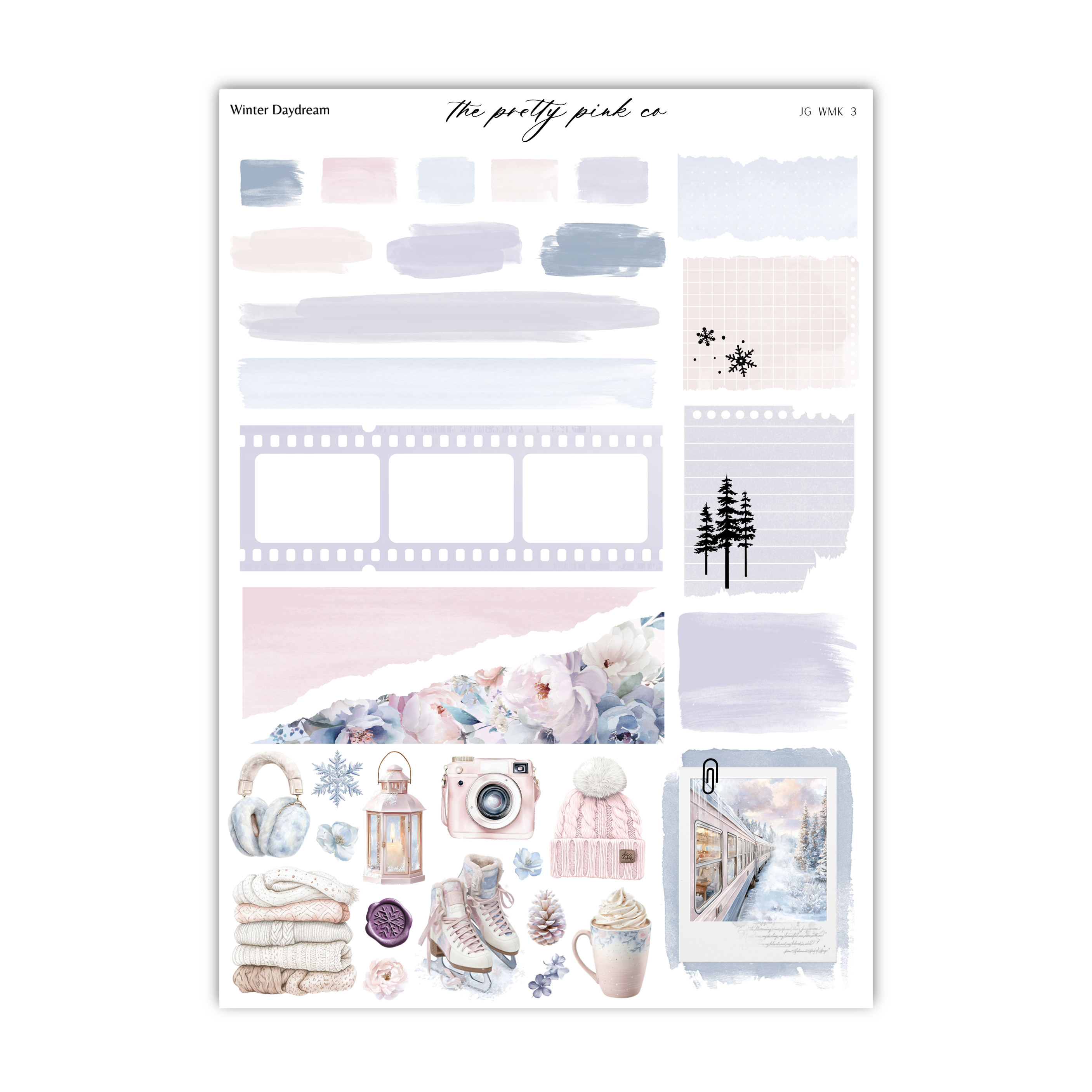 various winter-themed elements, including a snowflake, a camera, a mug, and a pair of skis. The image also includes a collage of different colored paint strokes and a photograph of a snowy landscape.