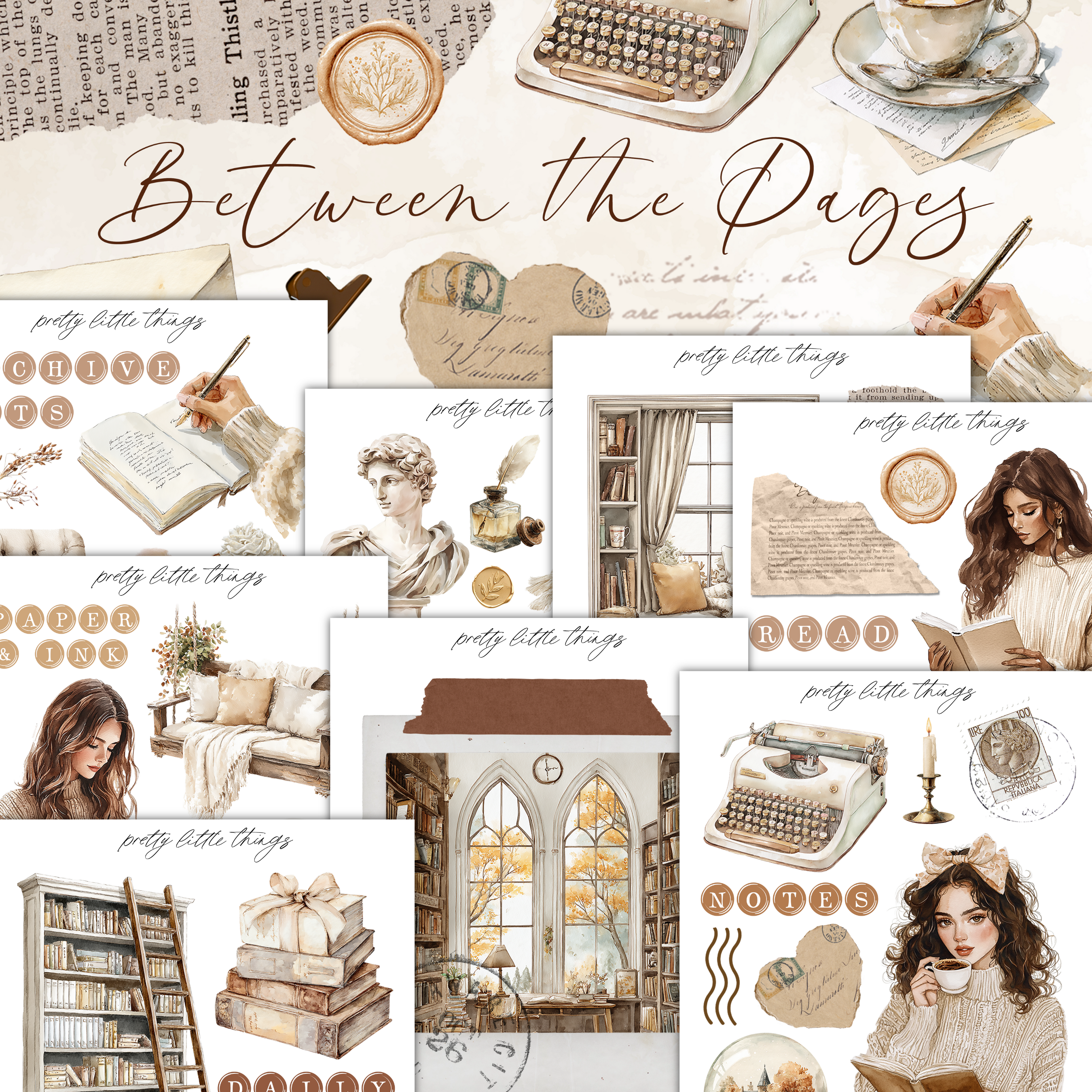 The image is a collage of various vintage-style photographs and illustrations, including a typewriter, books, a woman reading, and other objects related to the theme of "Between the Pages".