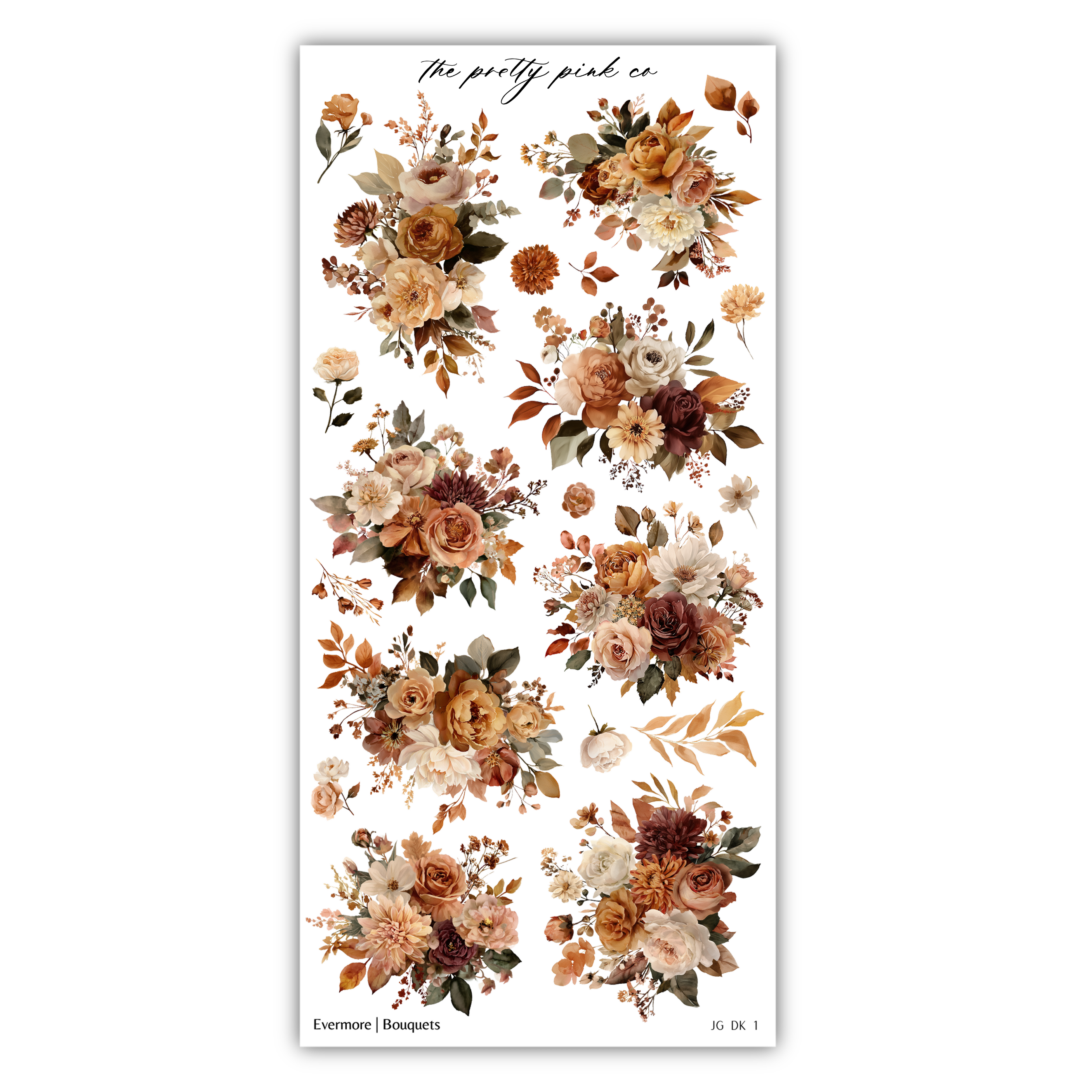 a collection of floral arrangements in various shades of brown, orange, and white, with some featuring leaves and other natural elements. The arrangement appears to be a collage or a series of individual images showcasing different floral designs.