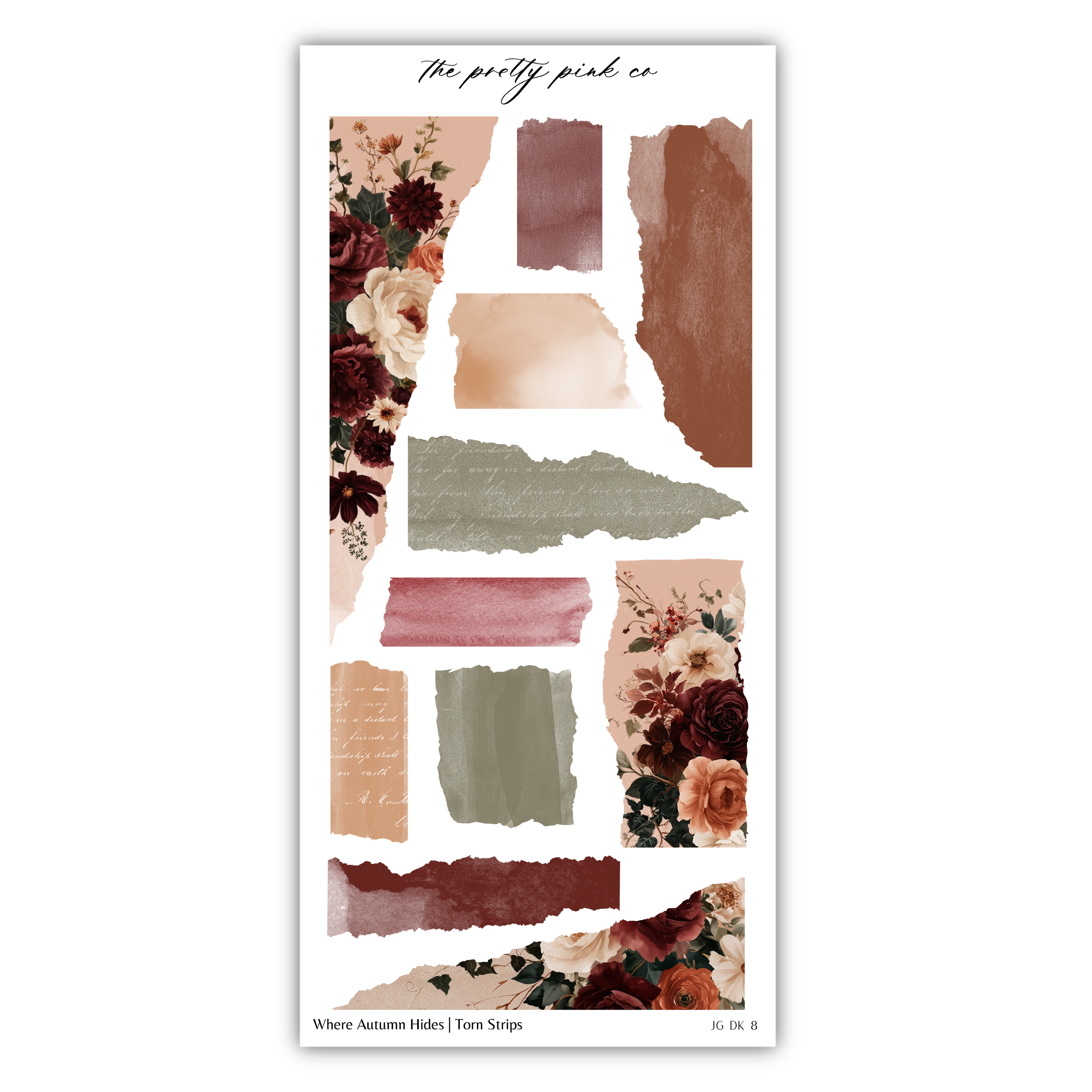 The image is a collage of various floral and autumn-themed elements, including watercolor splashes, torn strips, and floral patterns.