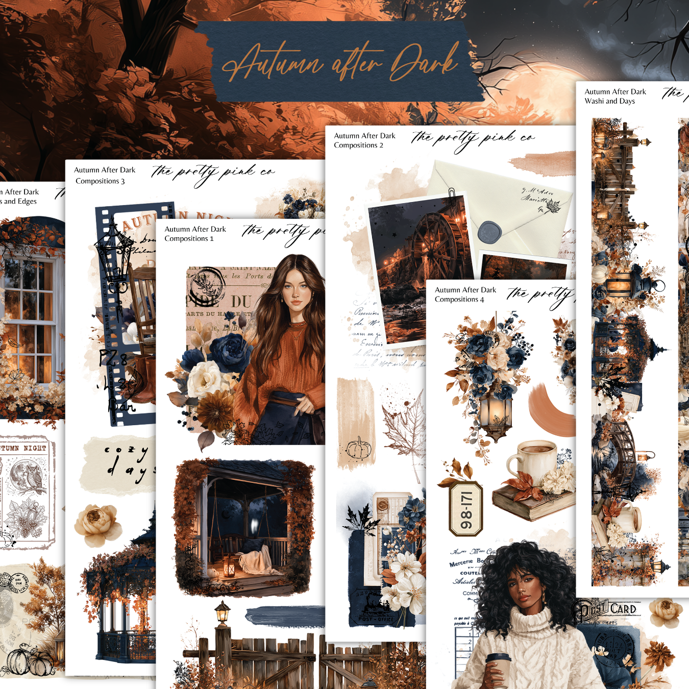 The image is a collage of various autumn-themed elements, including a woman, flowers, leaves, and other seasonal decorations. The collage is titled "Autumn after Dark" and includes text that describes the different elements in the image.