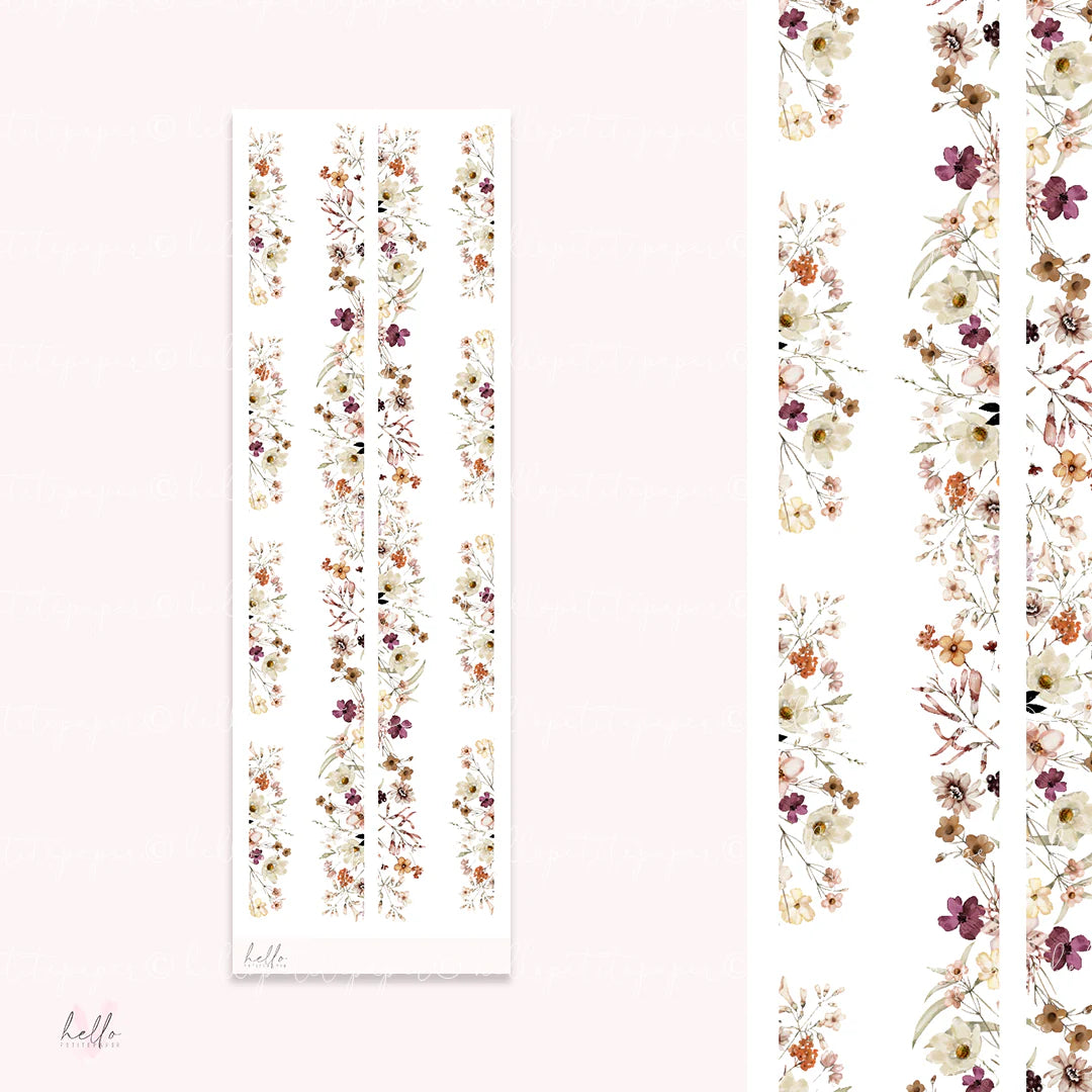 a floral pattern with repeating vertical lines of flowers and leaves in various shades of pink, white, and brown. The pattern is displayed on a white background, and there is a signature in the bottom left corner.