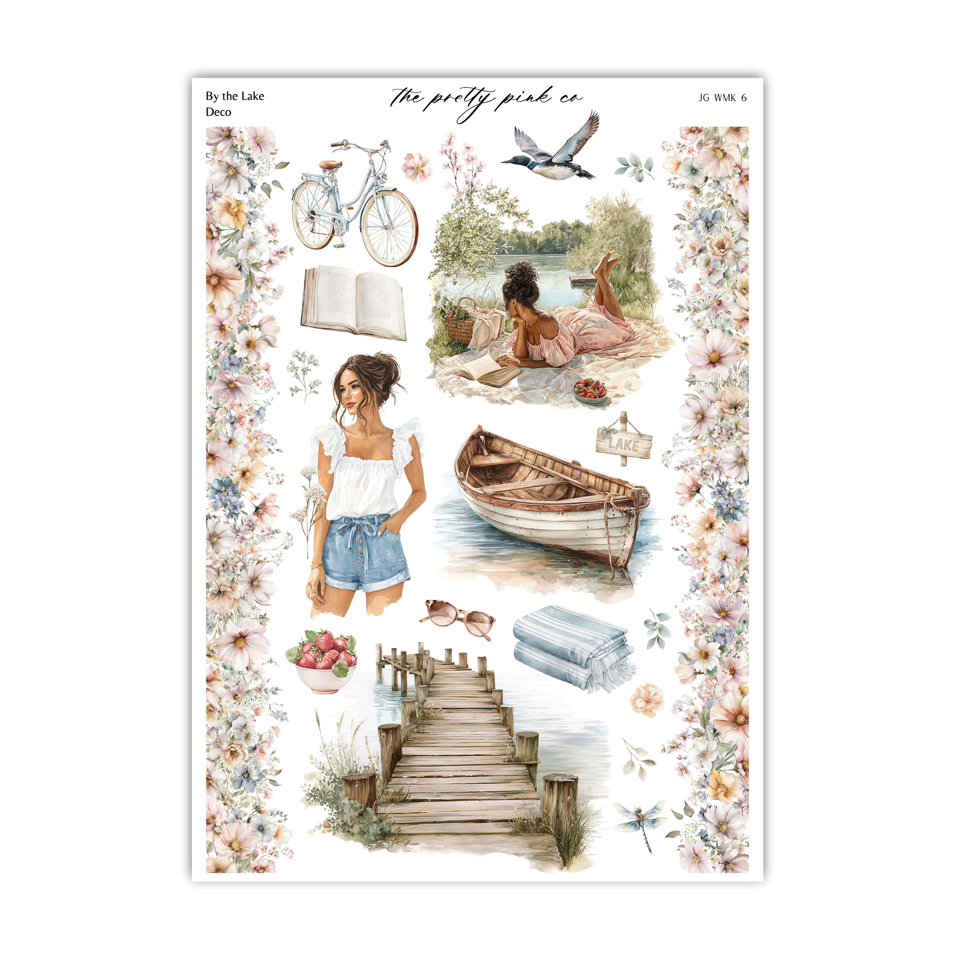 The image is a collage of various elements, including a woman, a bicycle, a boat, flowers, and a bridge.