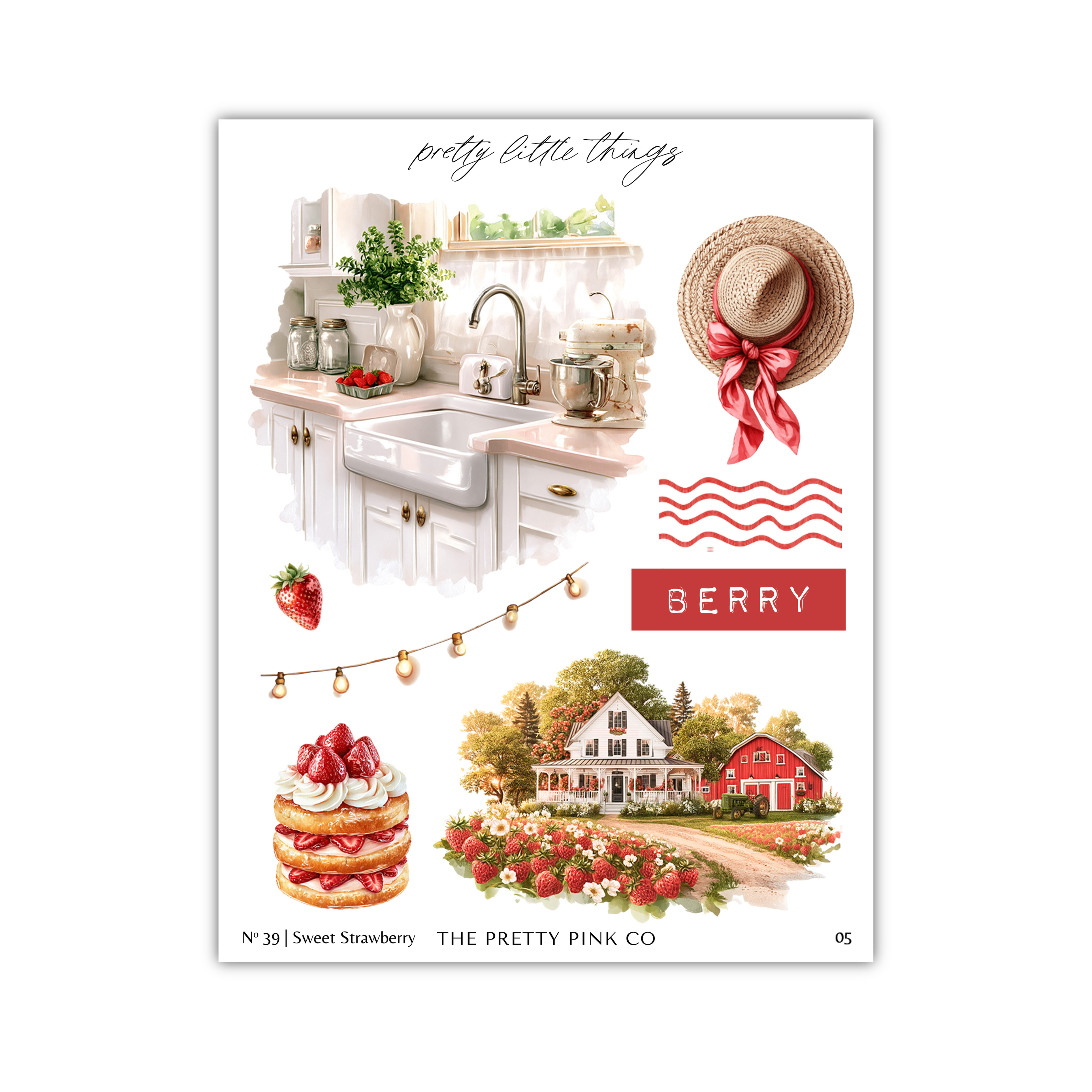 The image is a collage of various elements related to berry-themed items, including a kitchen, a house, a strawberry tart, and a straw hat.