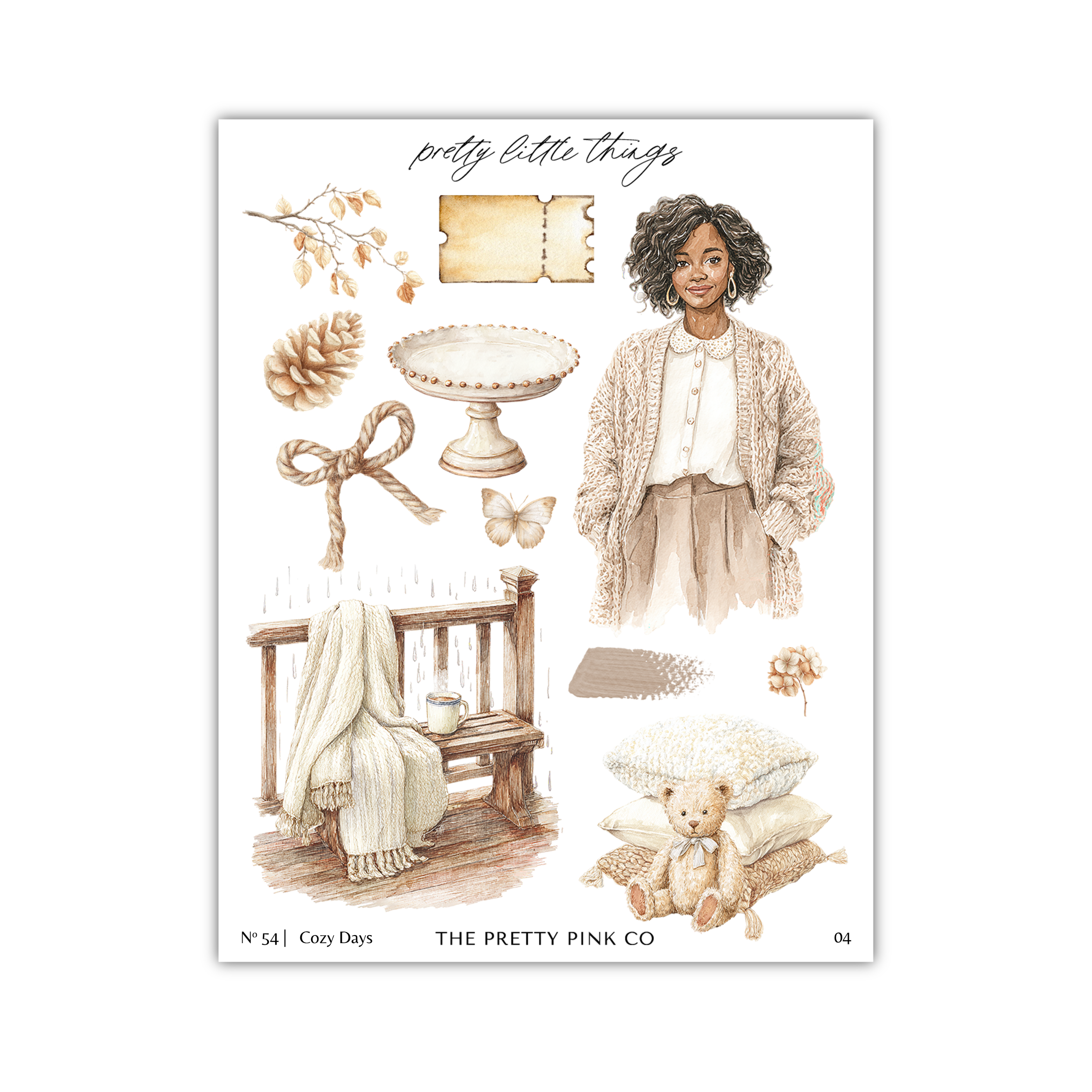 The image is a collage of various objects and a woman, including a teddy bear, a bowl, a tree branch, and a butterfly.