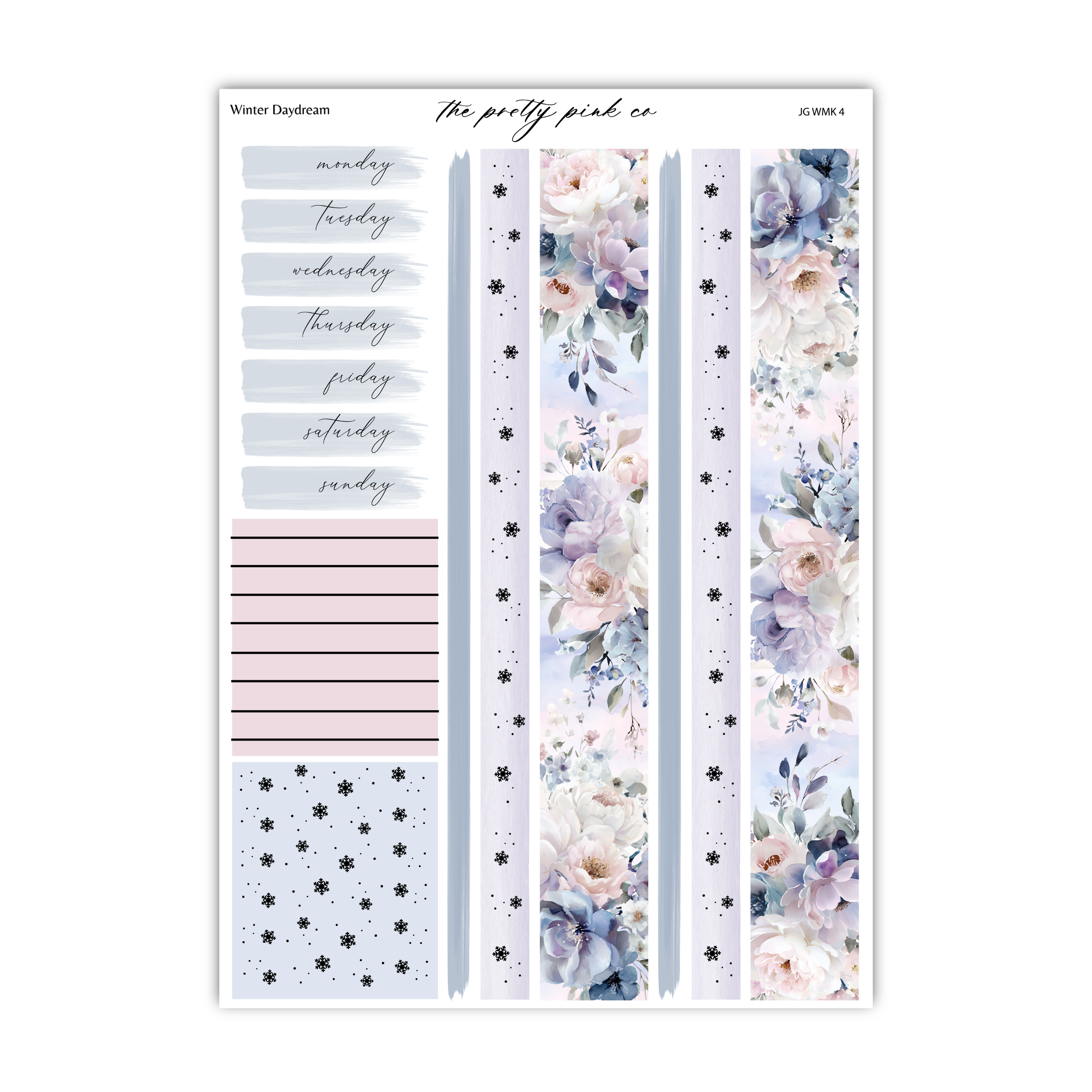The image is a calendar or planning organizer with various sections and decorative elements. It includes a section for a "Winter Daydream" and a section for a "The pretty pink co." The calendar also features a floral pattern and star-like designs. The layout is organized with a clear separation between different sections and a color scheme of blue, pink, and white. The image does not contain any text that can be described in fewer than 500 characters.