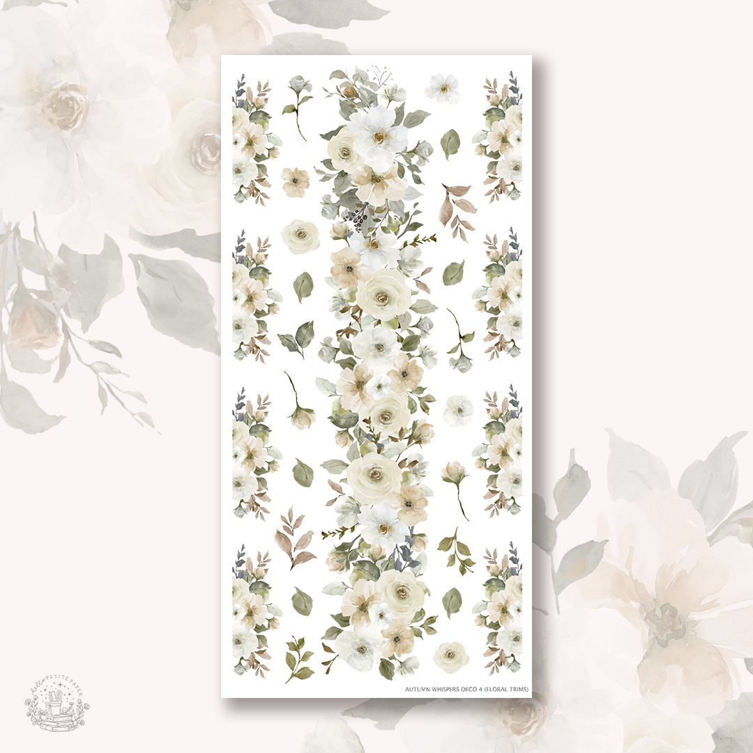 a floral pattern with white and green flowers arranged in a vertical line.