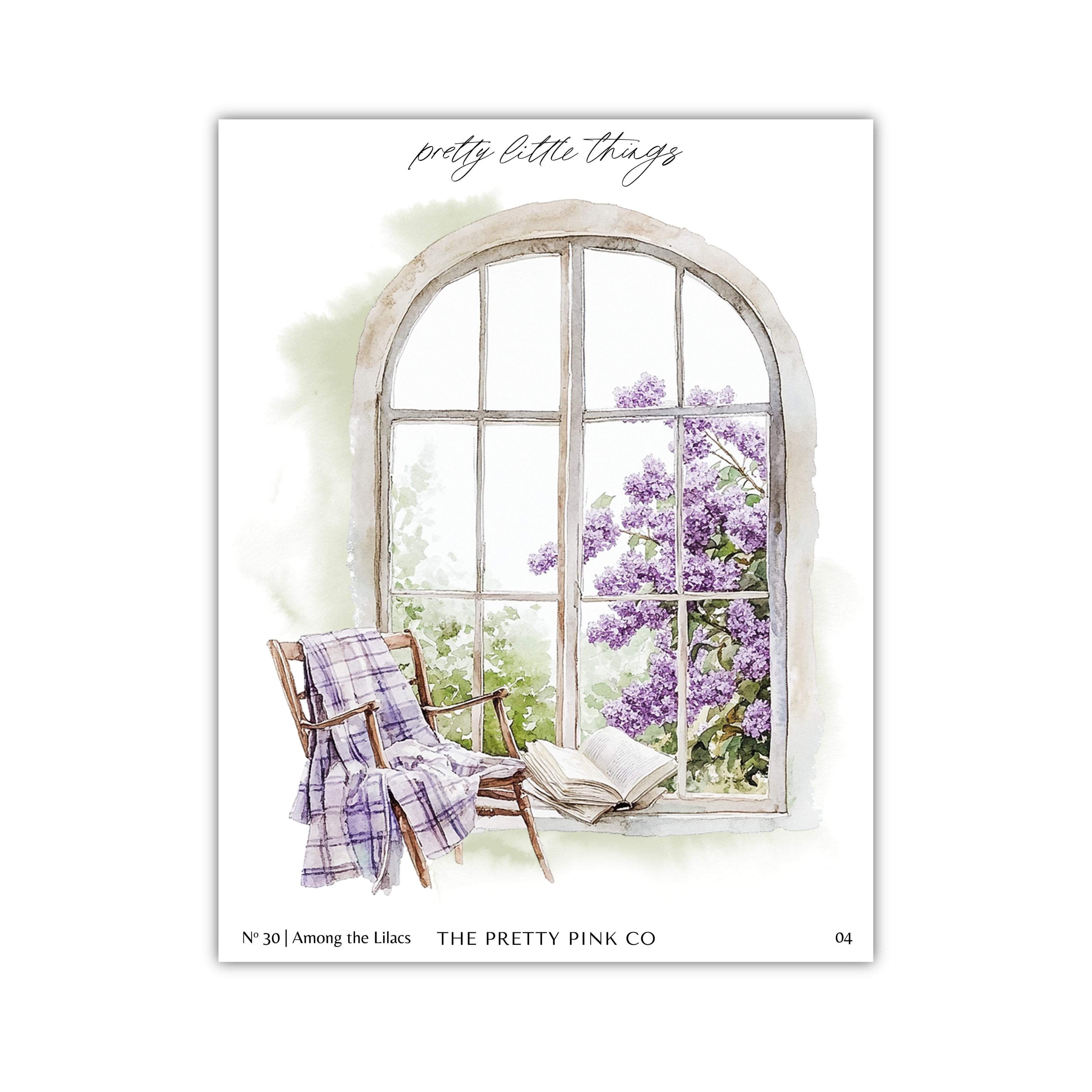 A watercolor painting depicting a window with a view of purple flowers, a wooden chair with a plaid blanket draped over it, and a book on the windowsill.