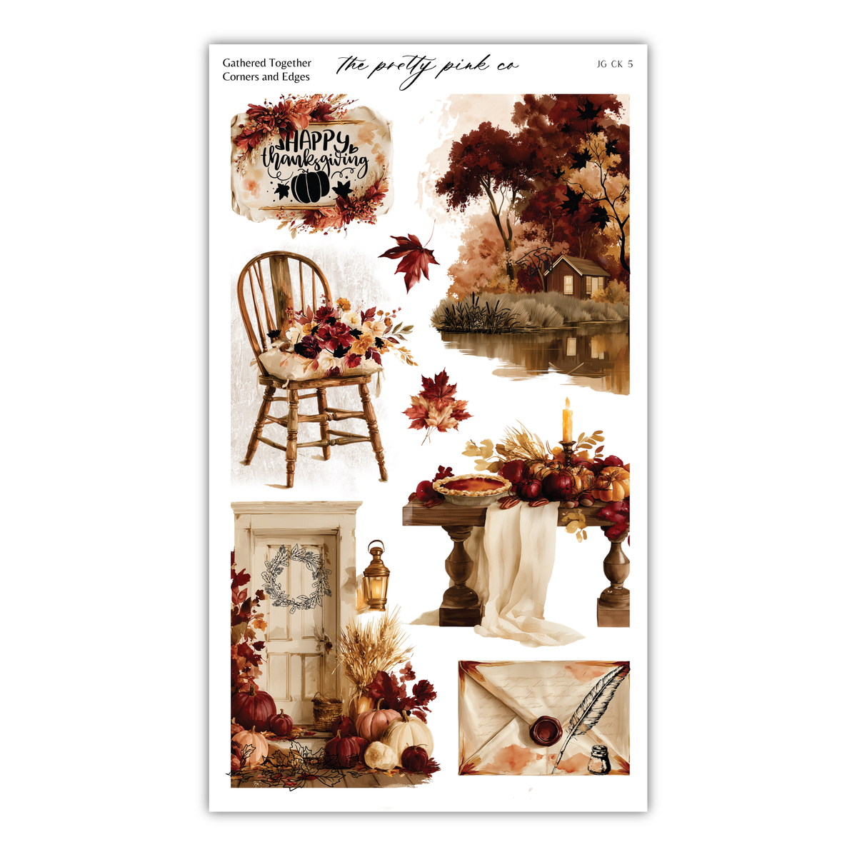 The image is a collage of various fall-themed elements, including a chair, a wreath, a table with a pumpkin centerpiece, a pumpkin, a lantern, a pie, and a tree. The collage is titled "The pretty pink co" and includes a "Happy Thanksgiving" sign, a "Gathered Together" sign, and a "G.K. C.K." label.