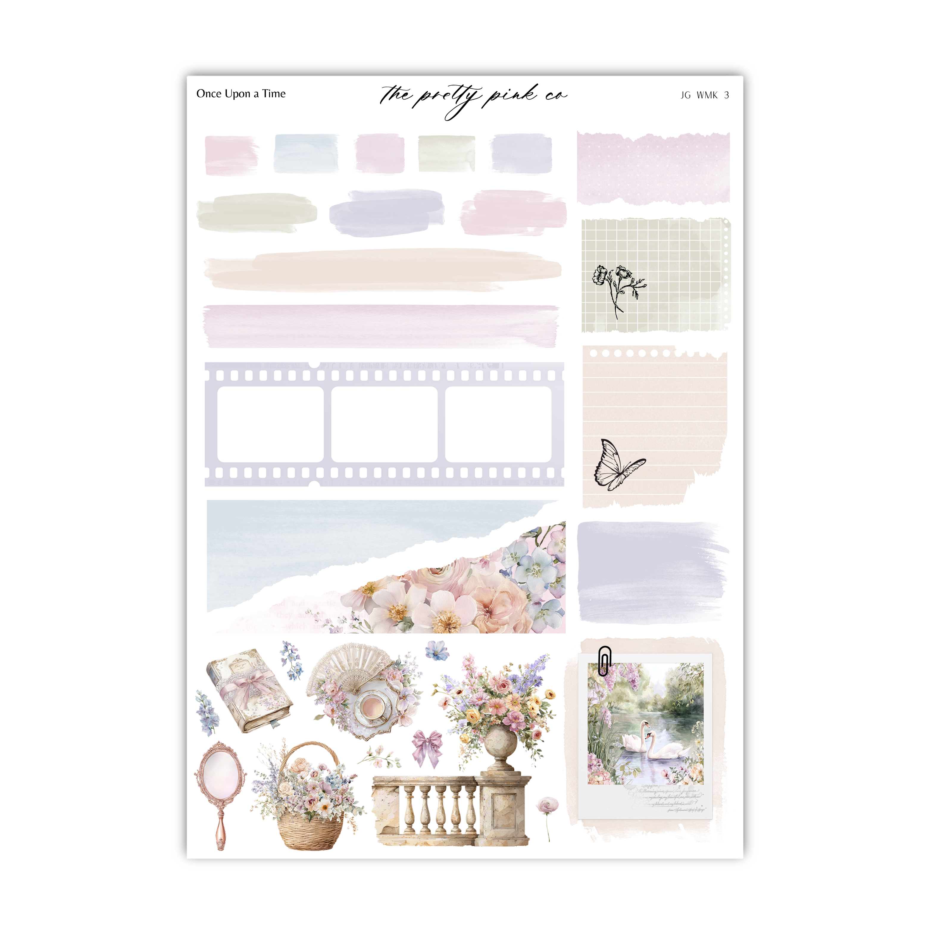 The image is a collection of various decorative elements and objects, including a butterfly, flowers, a teapot, a fan, and a basket, all arranged in a visually appealing manner.