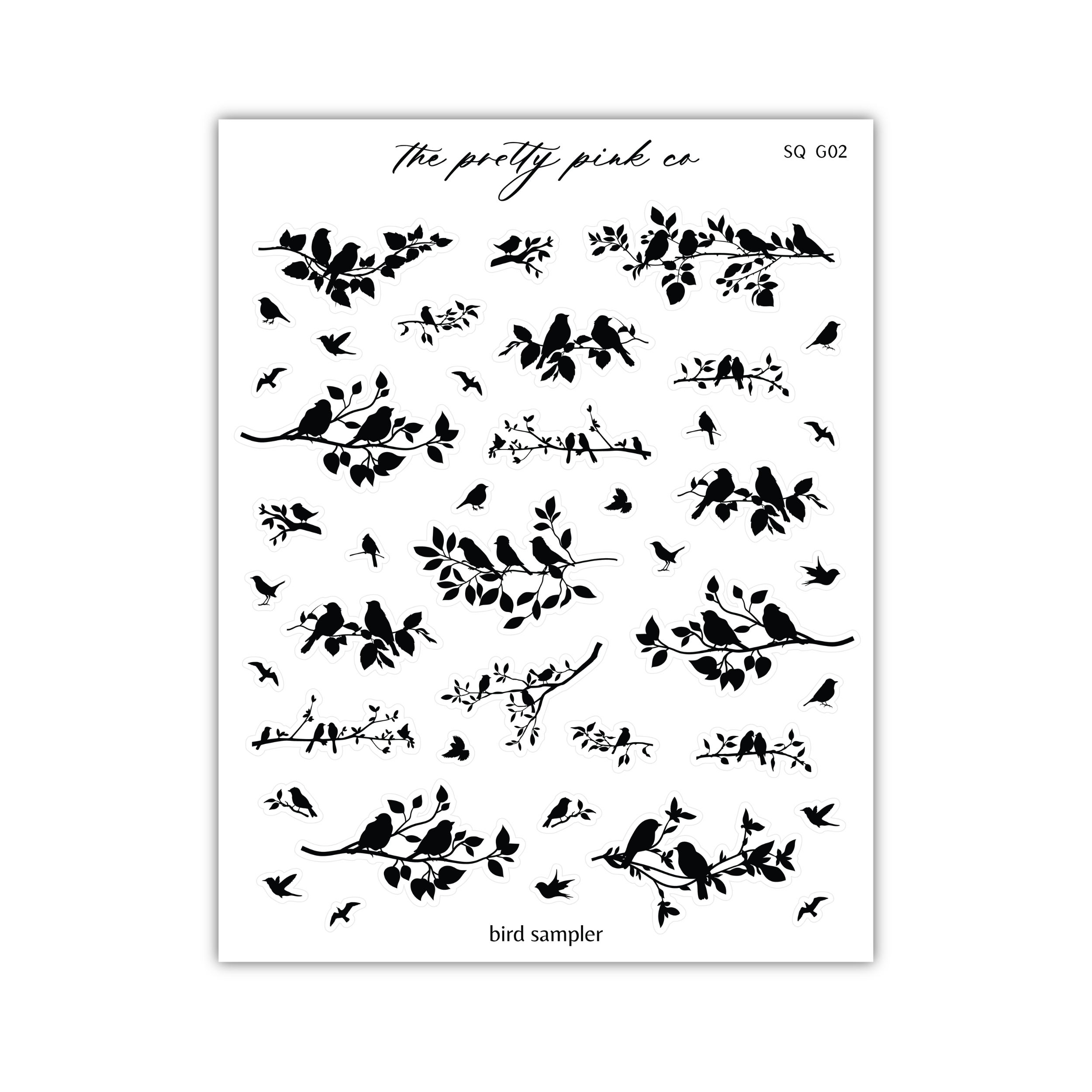 a sheet of black and white birds on branches