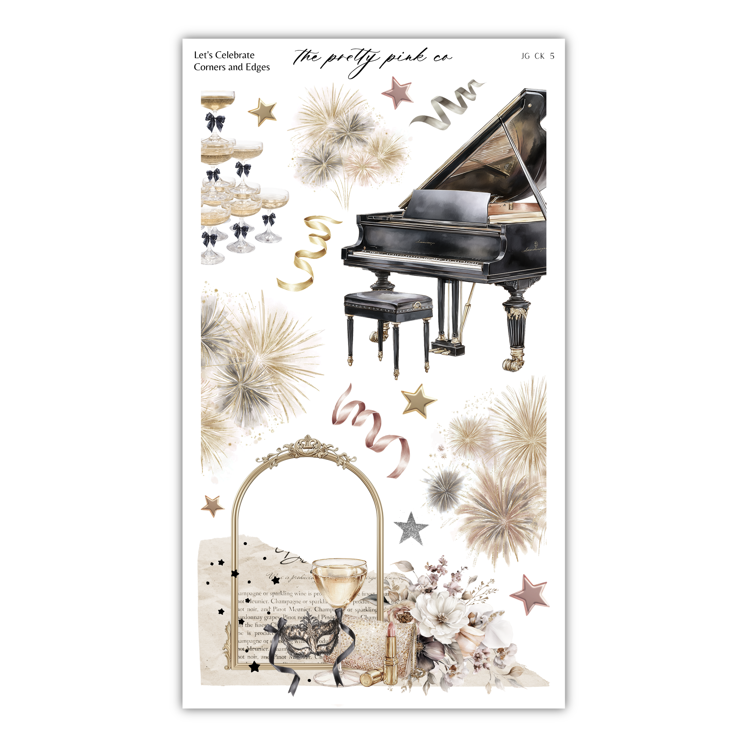 The image is a collage featuring a grand piano, champagne glasses, flowers, and stars, all set against a white background.