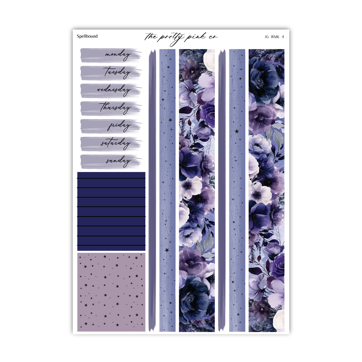 The image is a collection of design elements, including a floral pattern, a purple and white color scheme, and a grid layout with various text labels.