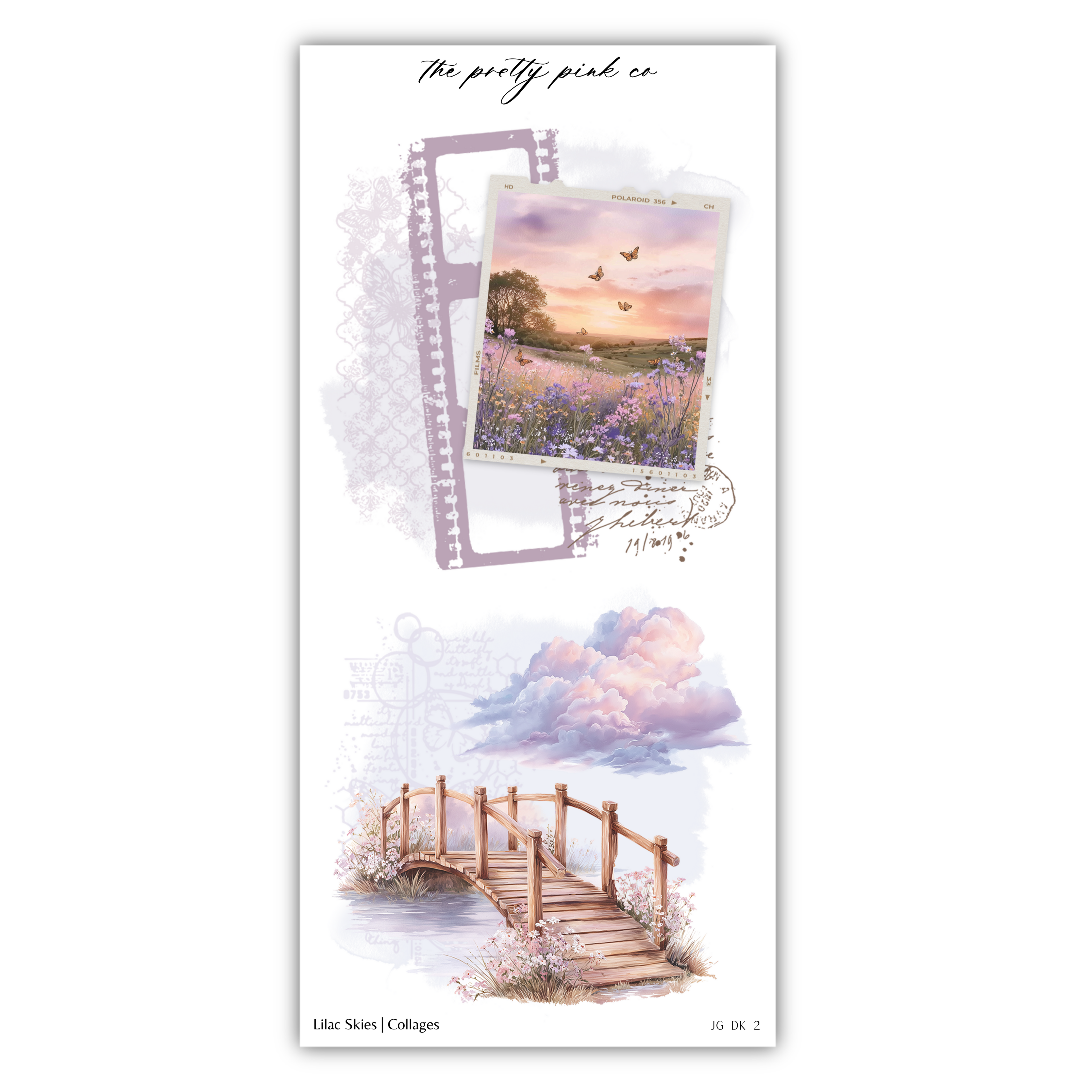 The image is a collage of three pictures depicting a scenic landscape with a wooden bridge, a field of flowers, and a sunset.