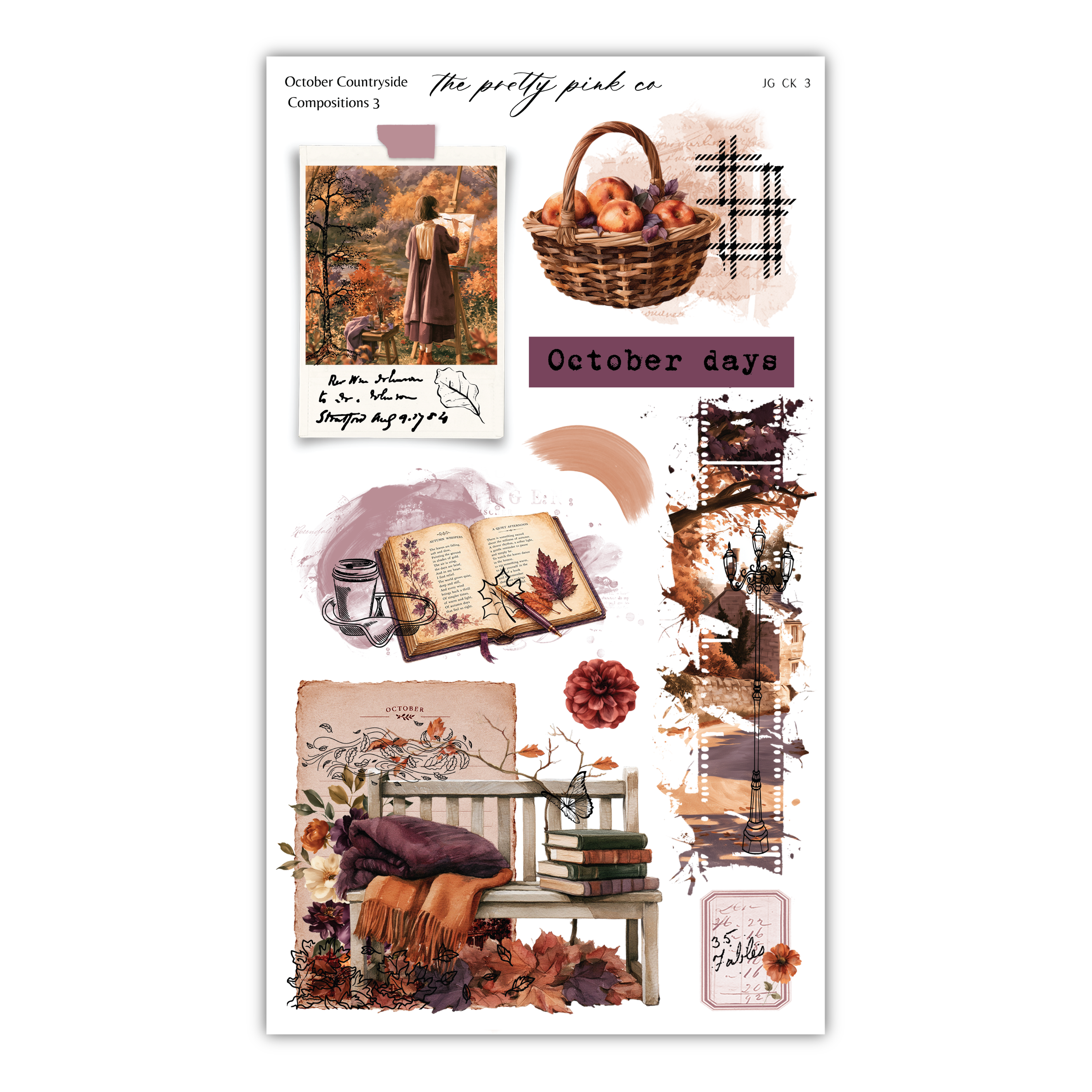 The image is a collage of various autumn-themed elements, including a basket of apples, a person sitting on a bench, a book, and a flower. The collage is titled "October days" and includes a note that says "The pretty pink co".