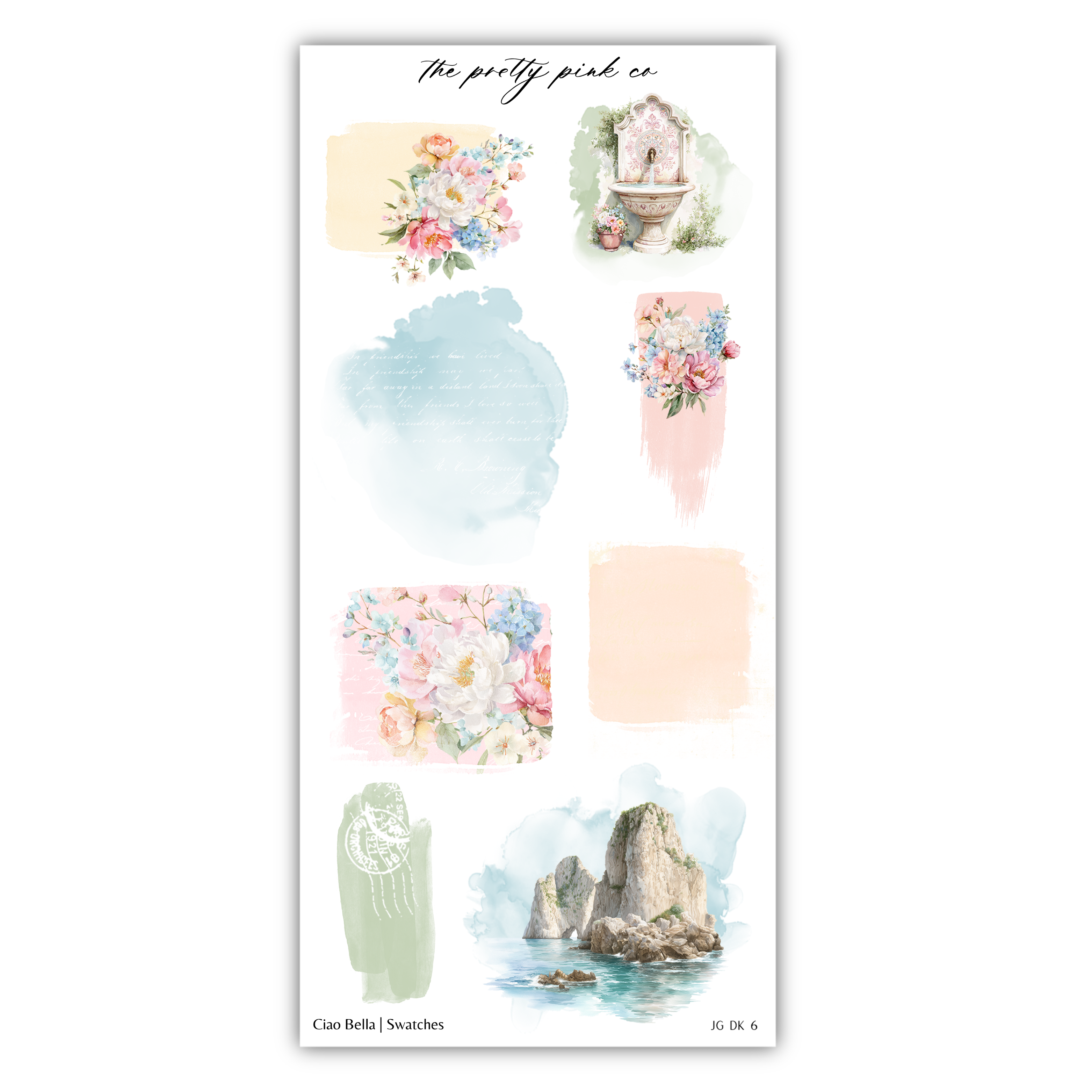 a collection of watercolor-style illustrations, including floral designs, landscapes, and abstract shapes. The illustrations are arranged in a grid format, with each image showcasing a different artistic style and subject matter. The text "The pretty pink co" is present, but it is unclear what it means or how it relates to the images. The image does not contain any text or additional elements that can be described in detail.