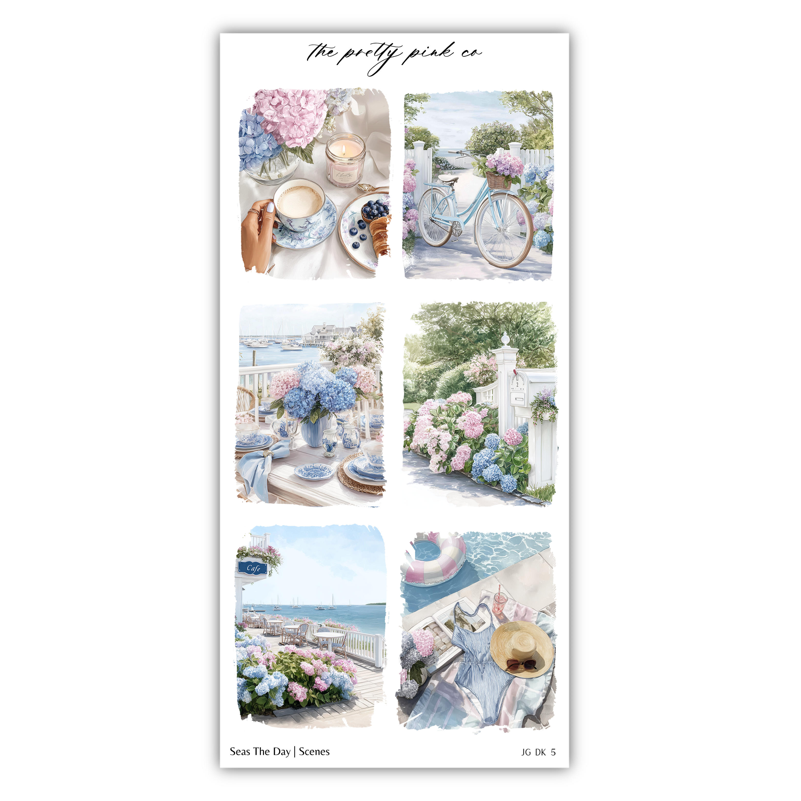 The image is a collage of six pictures depicting various scenes with blue and pink elements, including flowers, bicycles, and outdoor settings.