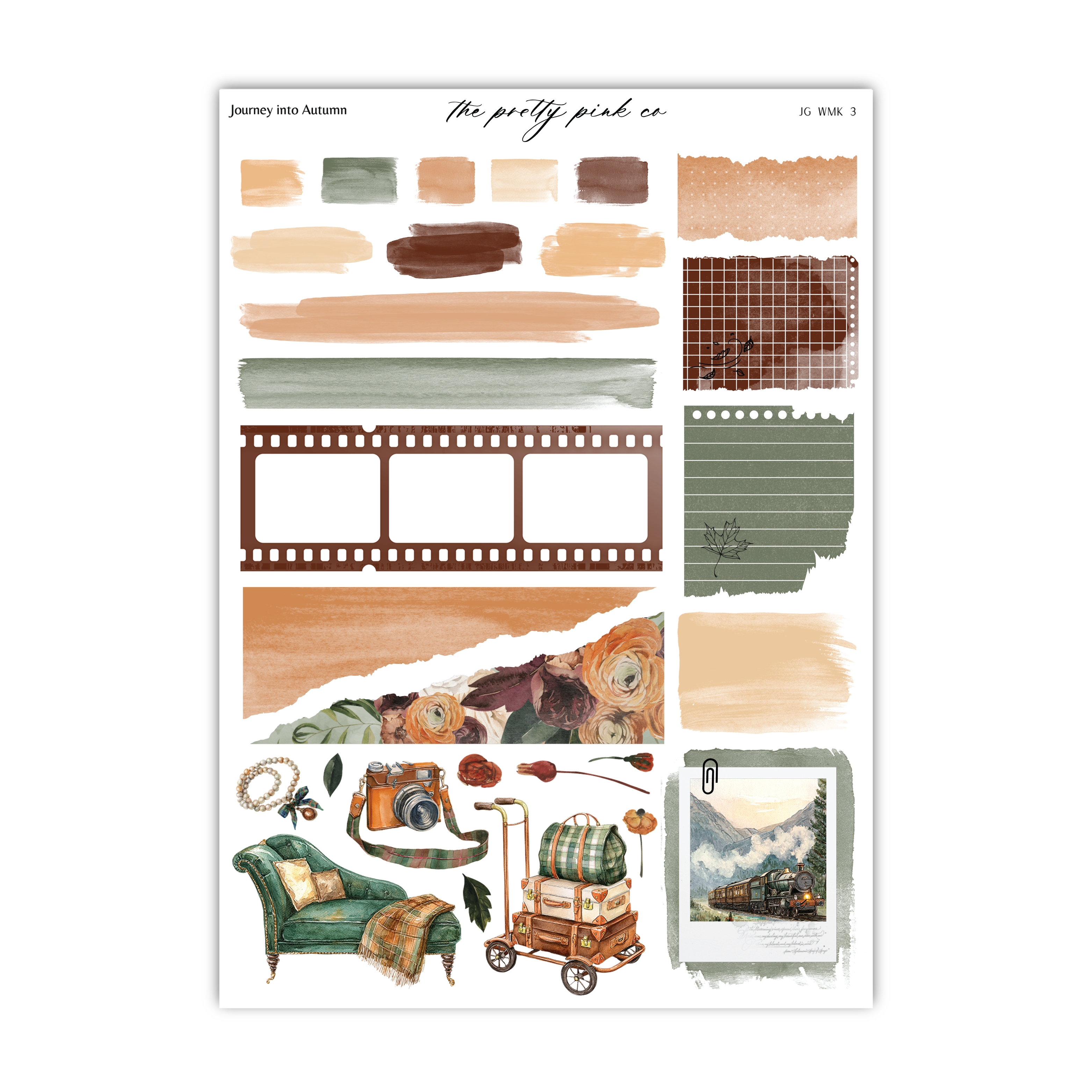 The image is a collage of various elements, including a film strip, a suitcase, a camera, a chair, and a landscape. The collage appears to be a collection of different objects and scenes, possibly related to travel or autumn.