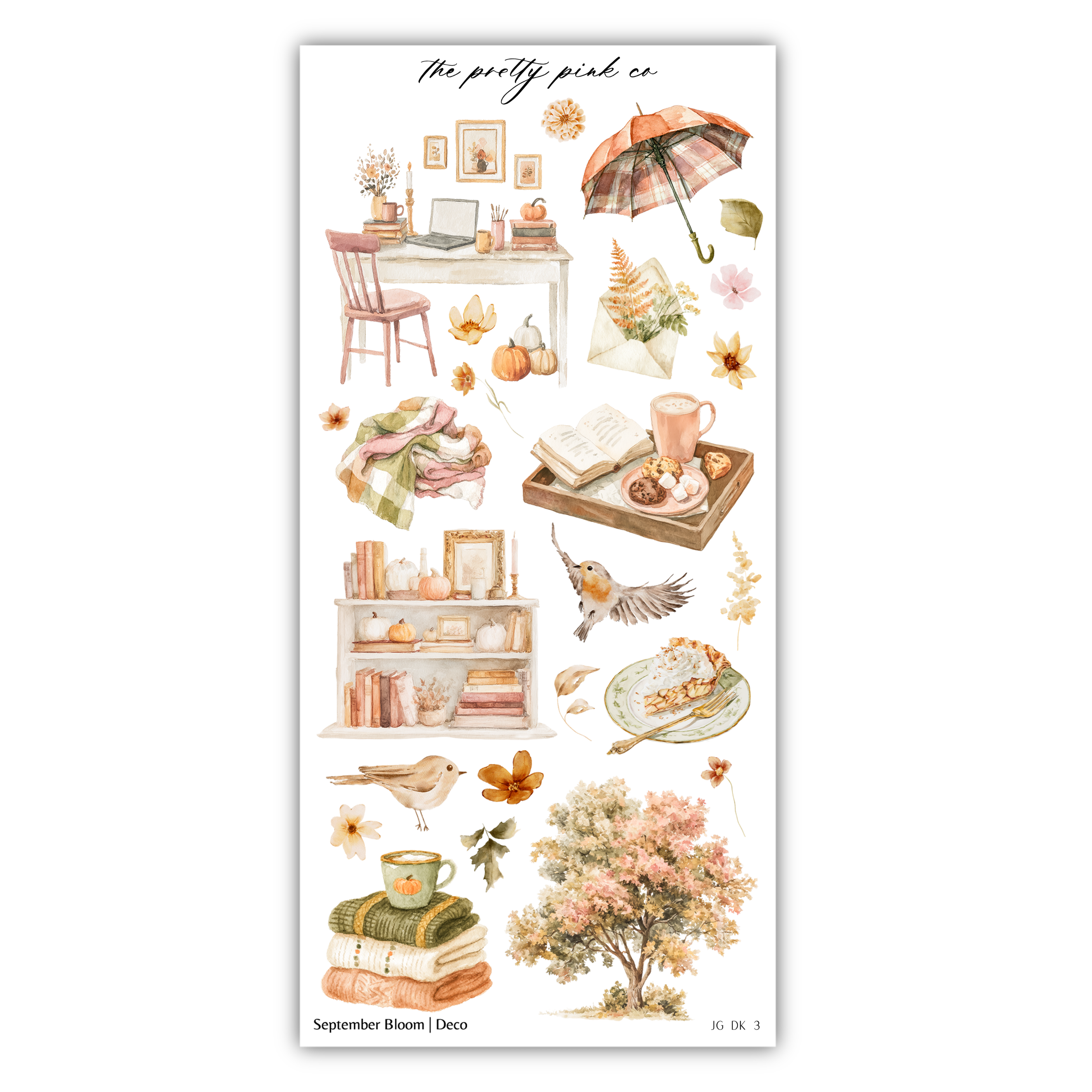 The image is a collage of various autumn-themed items, including a table, chair, umbrella, books, flowers, leaves, and other seasonal objects.