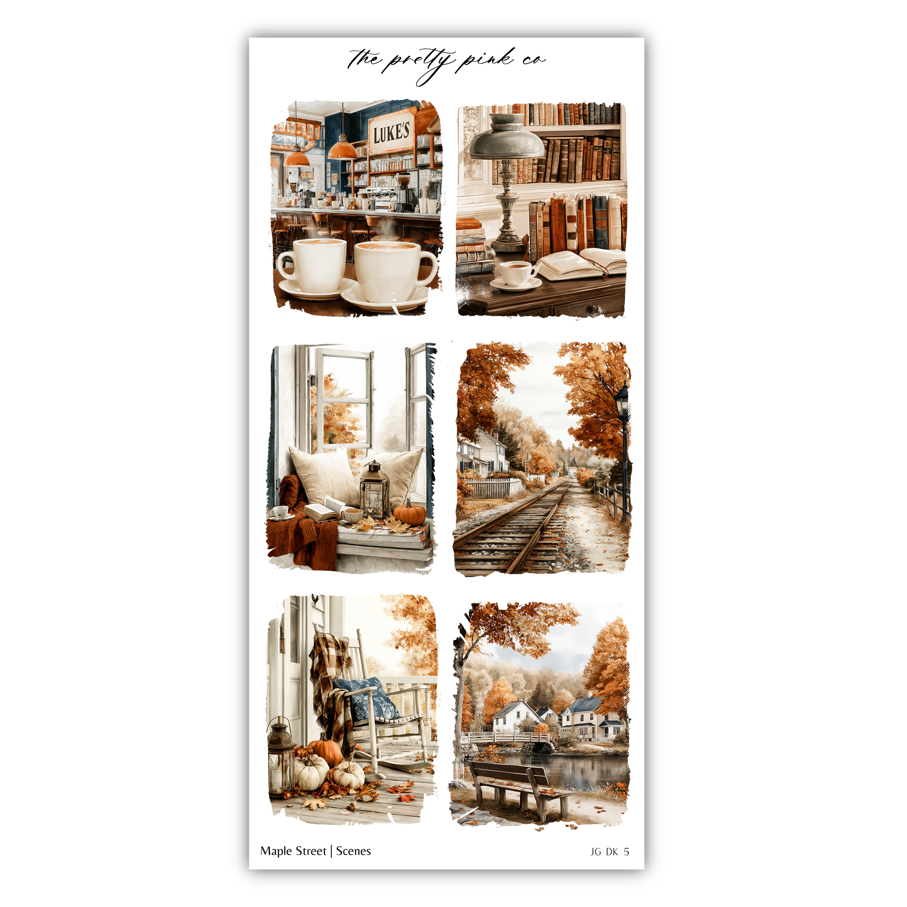 The image is a collage of six pictures depicting various scenes and objects, including coffee cups, books, a window, a train track, a porch, and autumn trees.