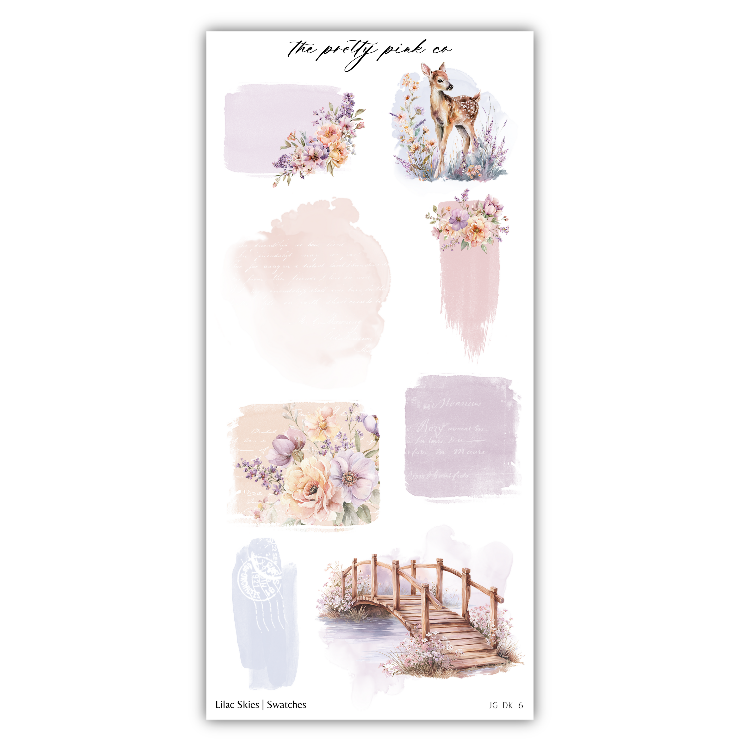 various floral and natural elements, including a deer, a bridge, and a garden scene. The image is a collage of different pictures, and it does not contain any text.