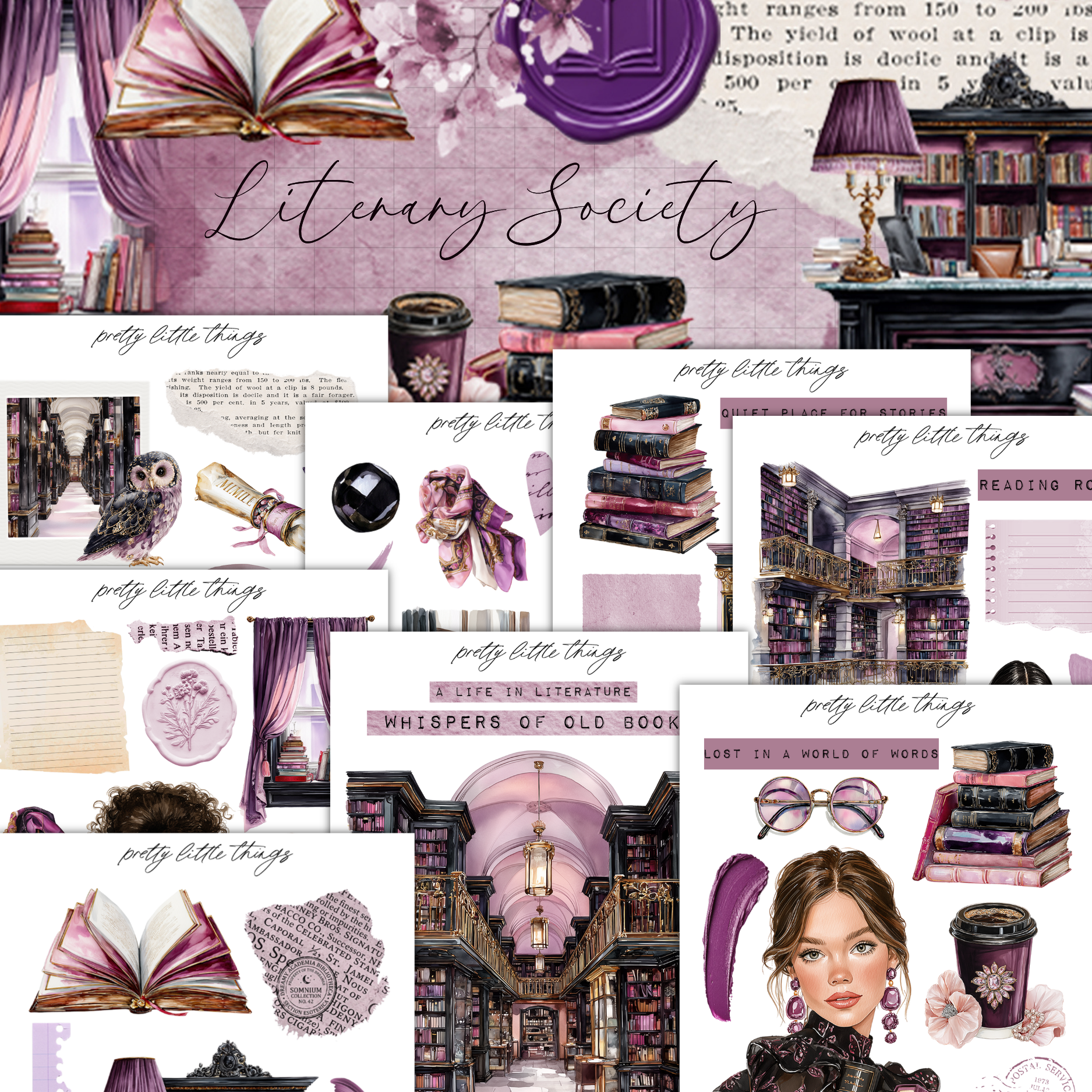 The image is a collage of various illustrations and objects related to the literary society theme, including books, a lamp, a woman's face, and other decorative elements.