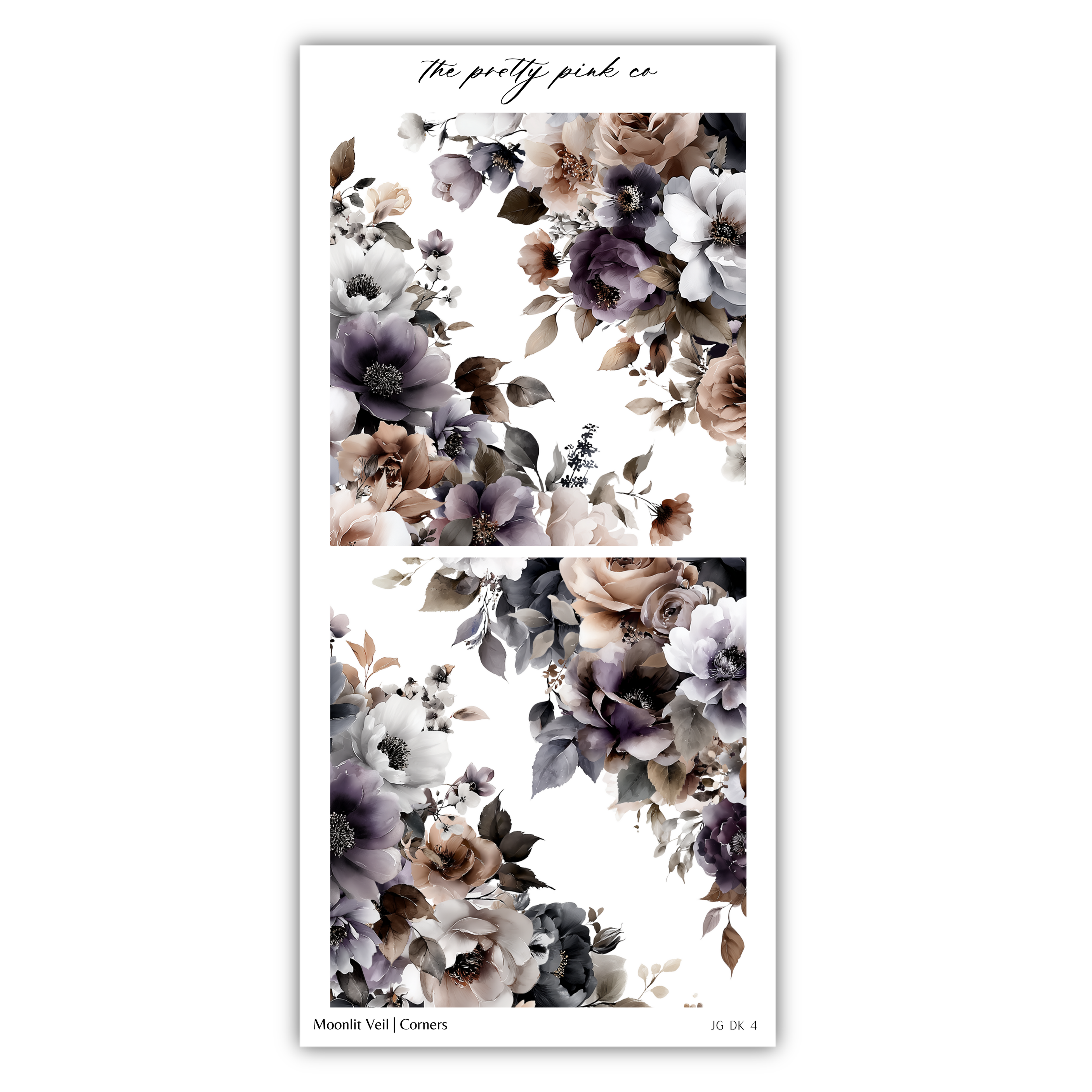 The image is a collage of two floral designs featuring various types of flowers, including roses, lilies, and other blooms in shades of purple, white, and brown. The designs are arranged in a vertical format, with the top image on the left and the bottom image on the right. The text "The pretty pink co" is present in the image.